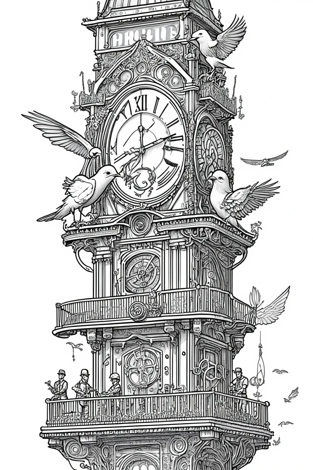 Black and white coloring page of ornate fantasy clock tower with several birds perched around it and flying nearby