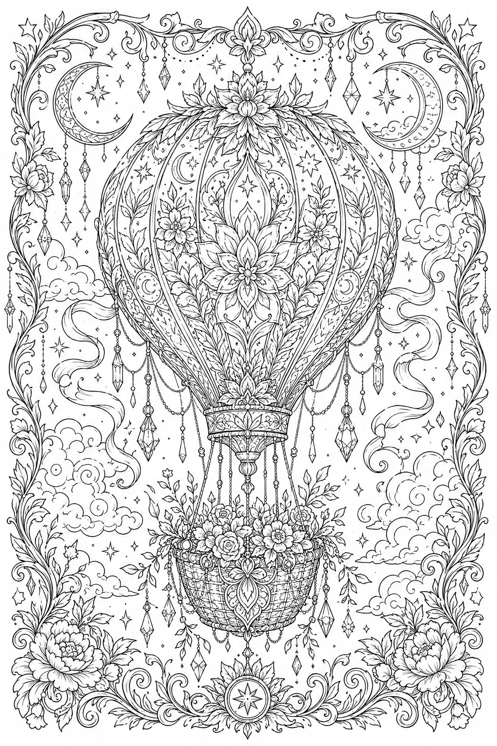 Intricate coloring page of an ornate hot air balloon decorated with flowers, leaves, moons, stars, clouds, and hanging crystals.