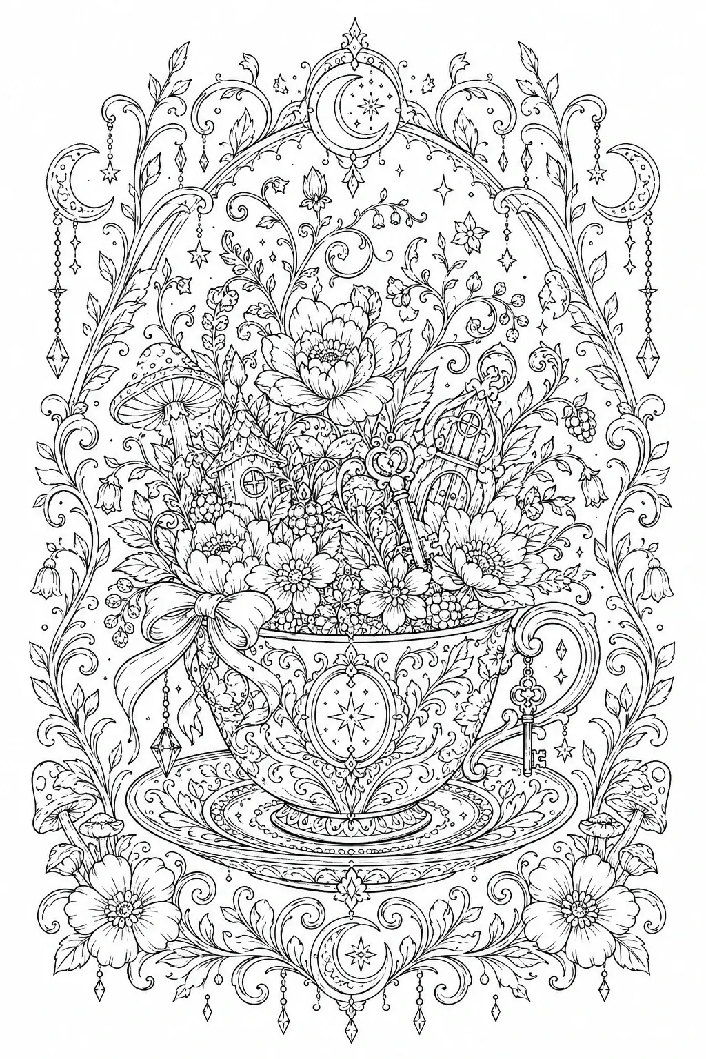 An intricate coloring page of an ornate teacup filled with flowers and a garden scene, framed by swirling vines, crescent moons, stars, and decorative floral borders.