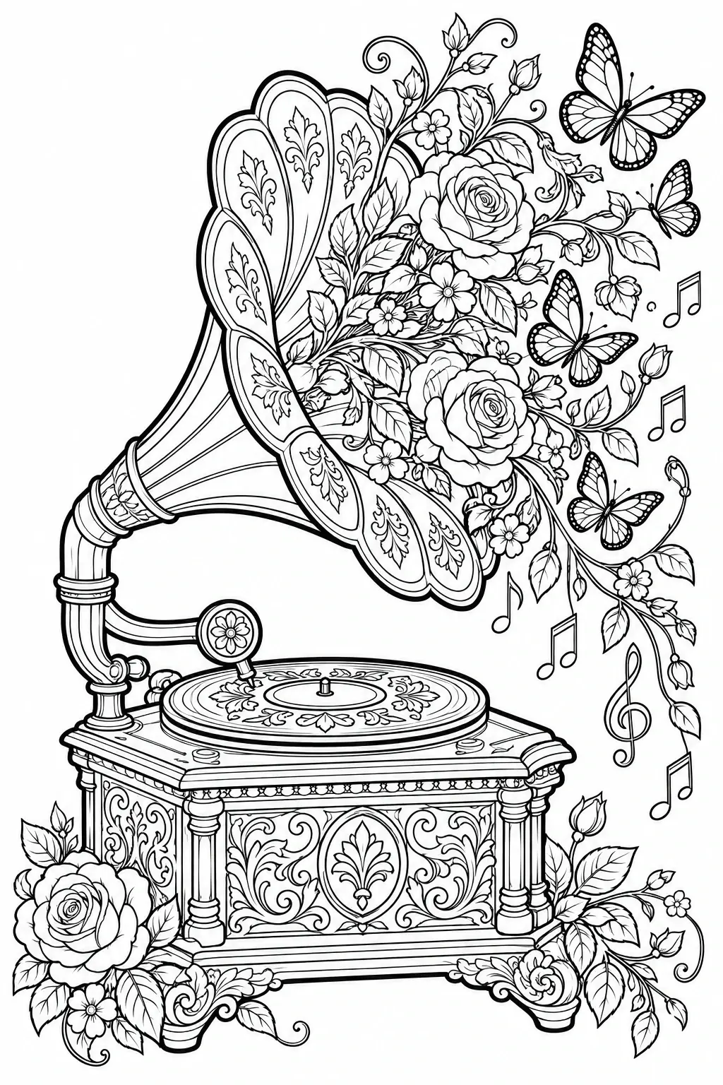 An ornate gramophone with floral scrollwork is surrounded by roses, butterflies, leaves, and floating musical notes in this coloring page.