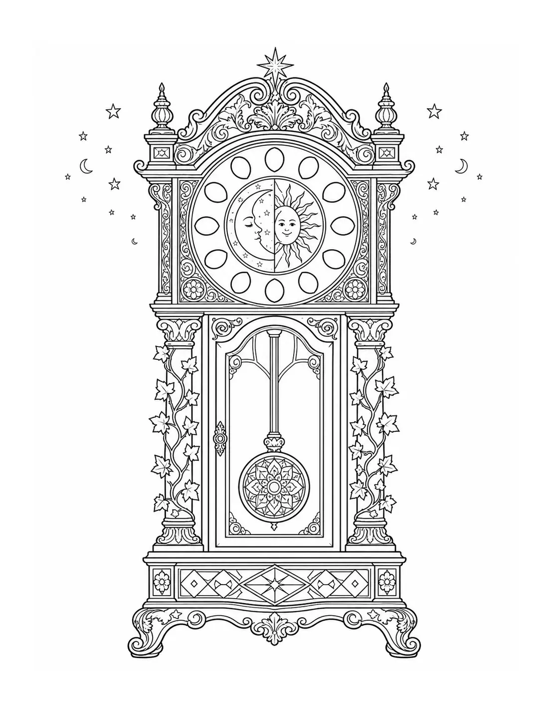 An ornate grandfather clock coloring page with a moon-and-sun face, stars, and floral details.