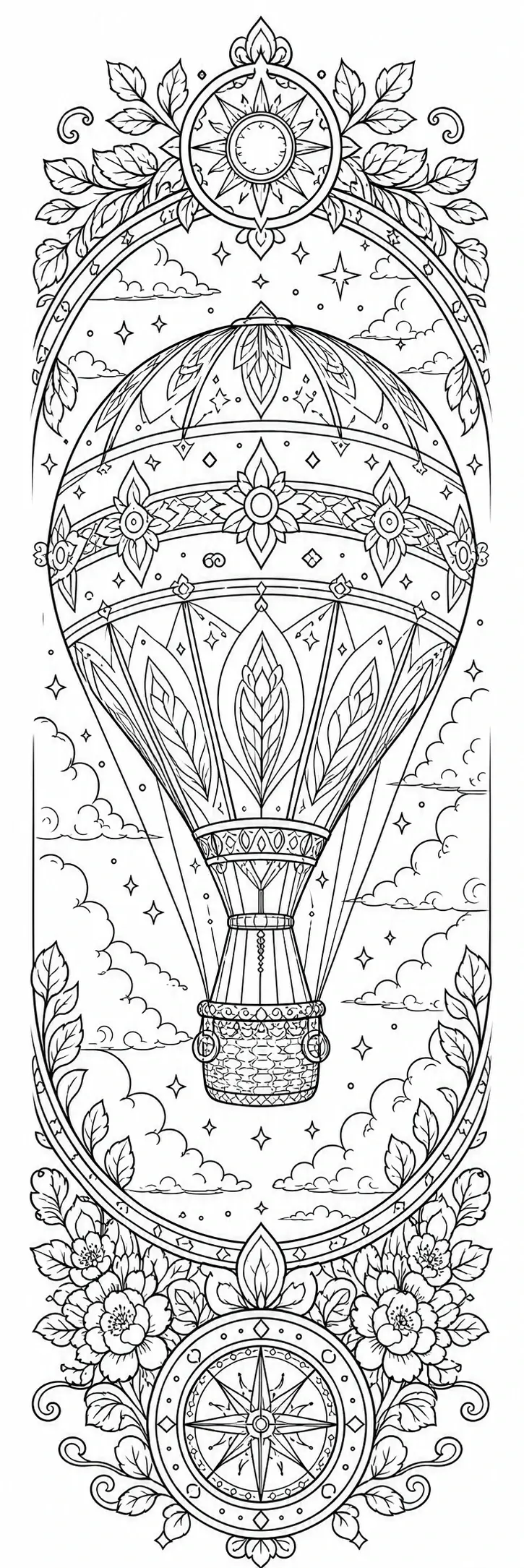 A detailed black-and-white coloring page shows an ornate hot air balloon surrounded by flowers, clouds, stars, and decorative borders.