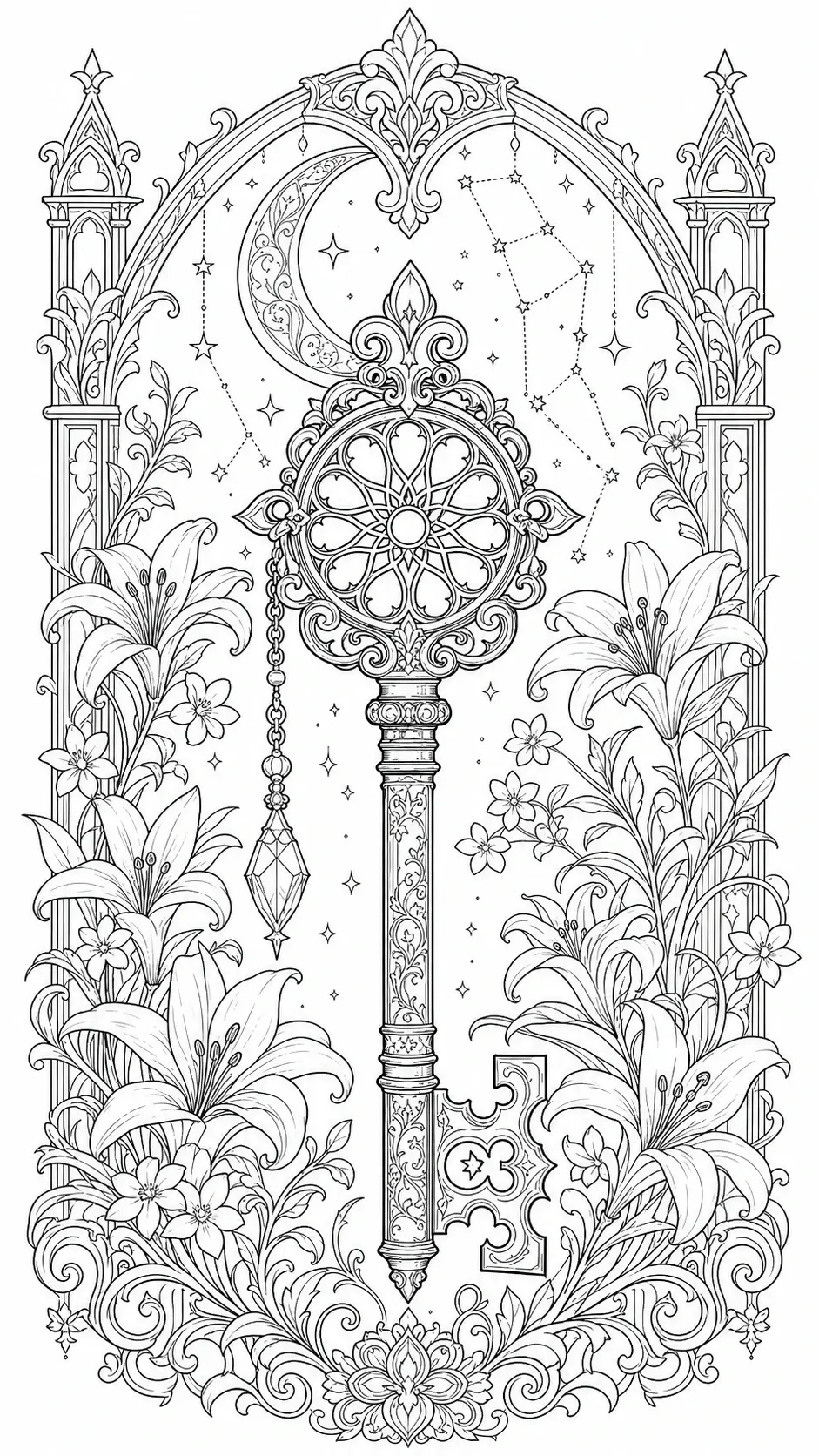 An ornate key with a crescent moon, stars, and flowers forms a detailed coloring page.