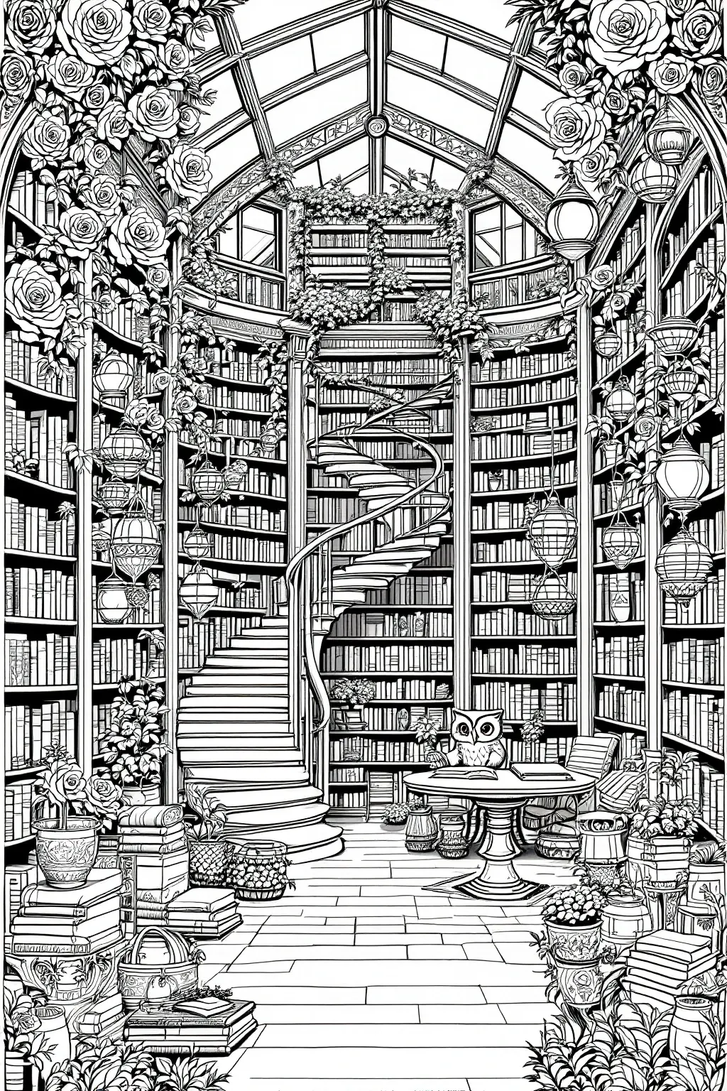 Intricate coloring page of a grand library interior with tall bookshelves, a spiral staircase, roses, hanging lanterns, and a small reading table.