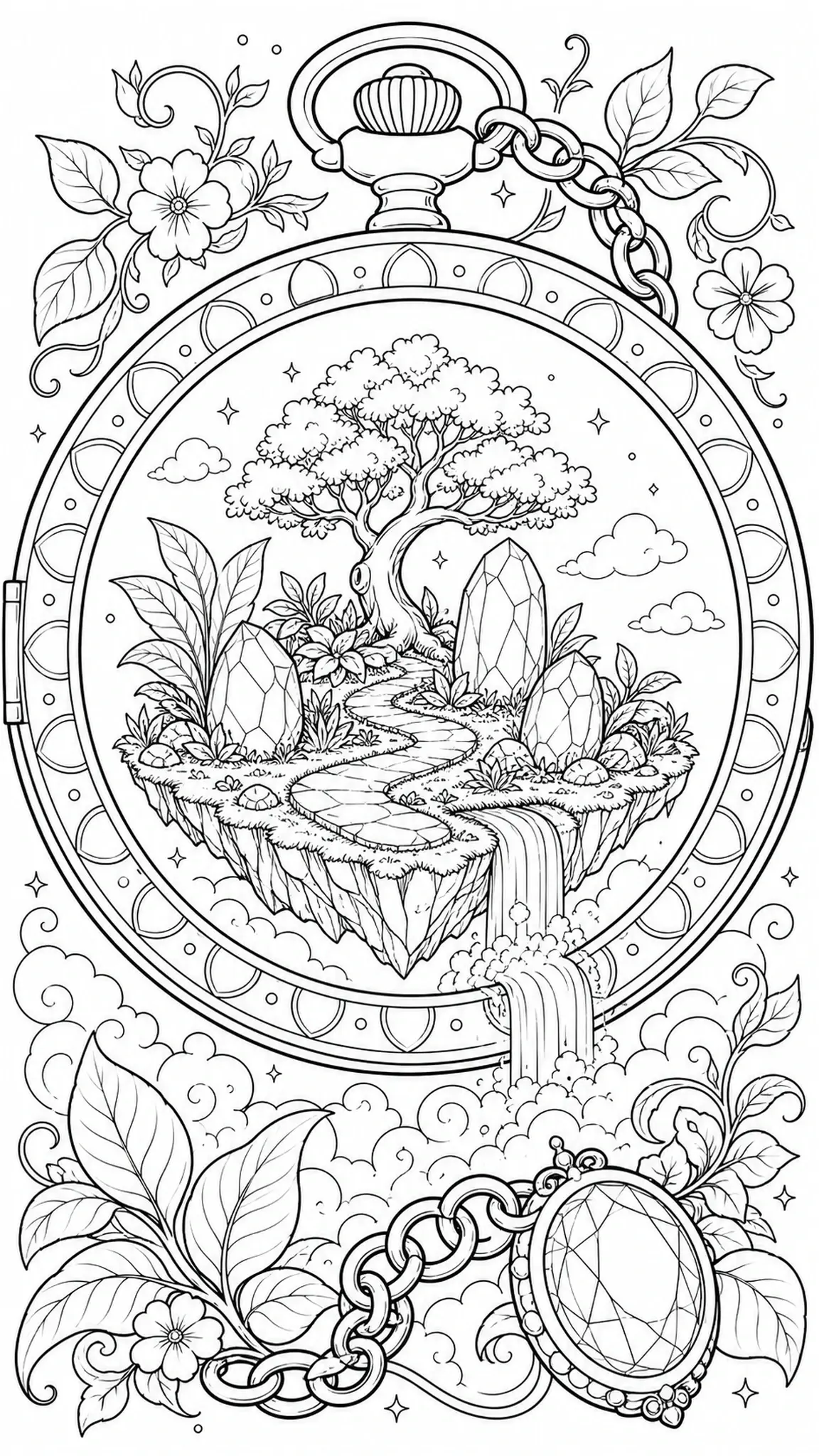 A coloring page of an ornate pocket watch framing a floating garden with a tree, crystals, flowers, and a small waterfall.