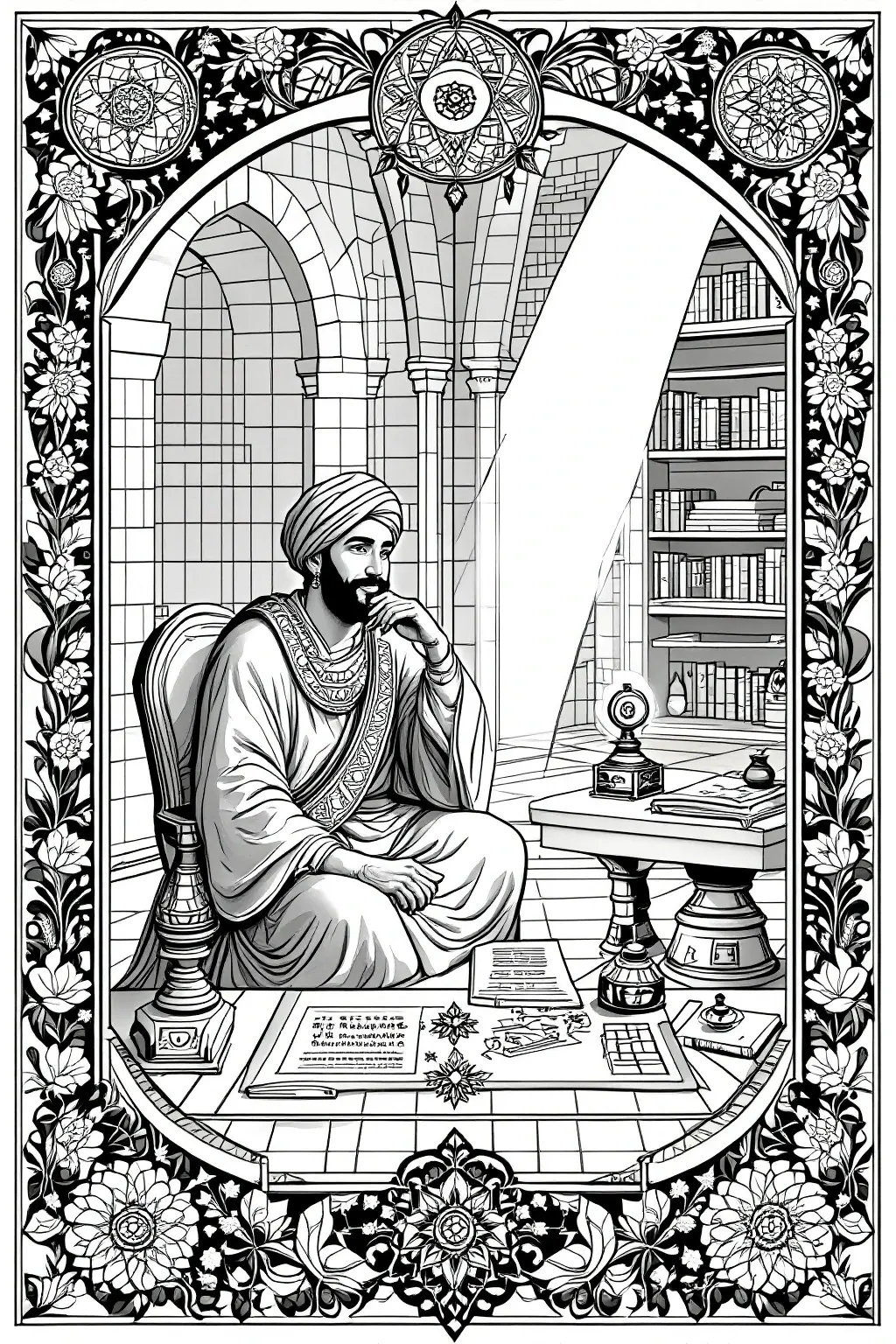 An ornate coloring page of a seated scholar in historical clothing inside a library, surrounded by books, arches, and floral border details.