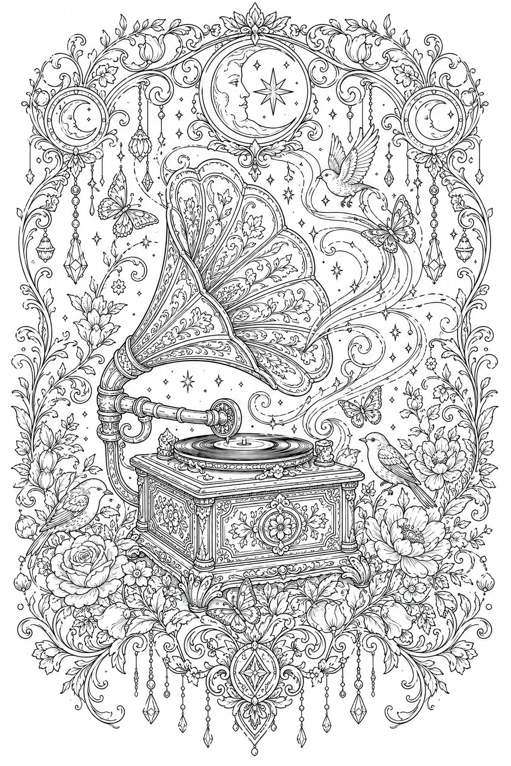 Black and white coloring page of ornate vintage gramophone surrounded by flowers, butterflies, birds, moons, stars, and decorative swirls in detailed black-and-white line art