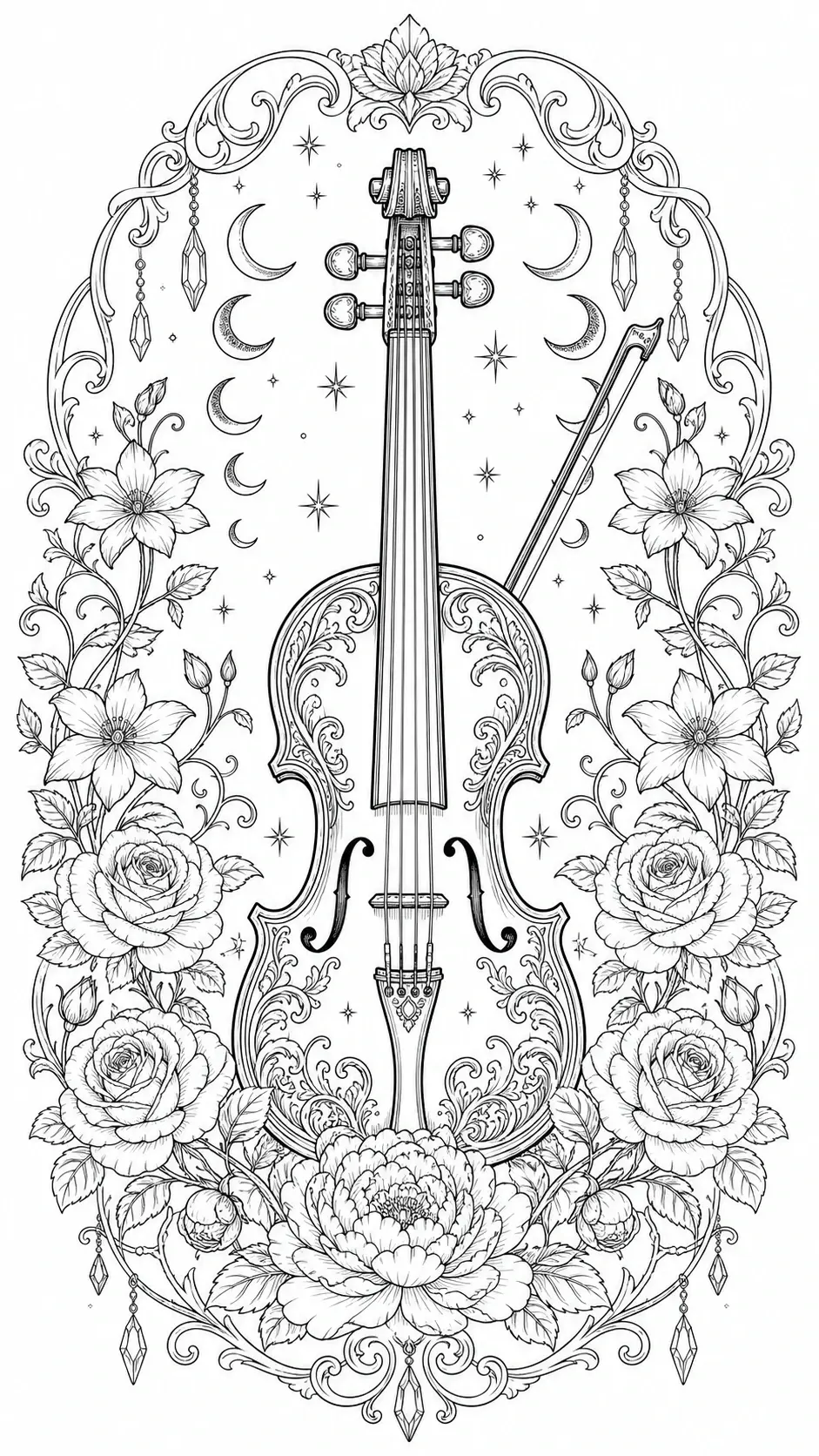 An ornate violin coloring page framed by flowers, crescent moons, stars, and decorative scrollwork.