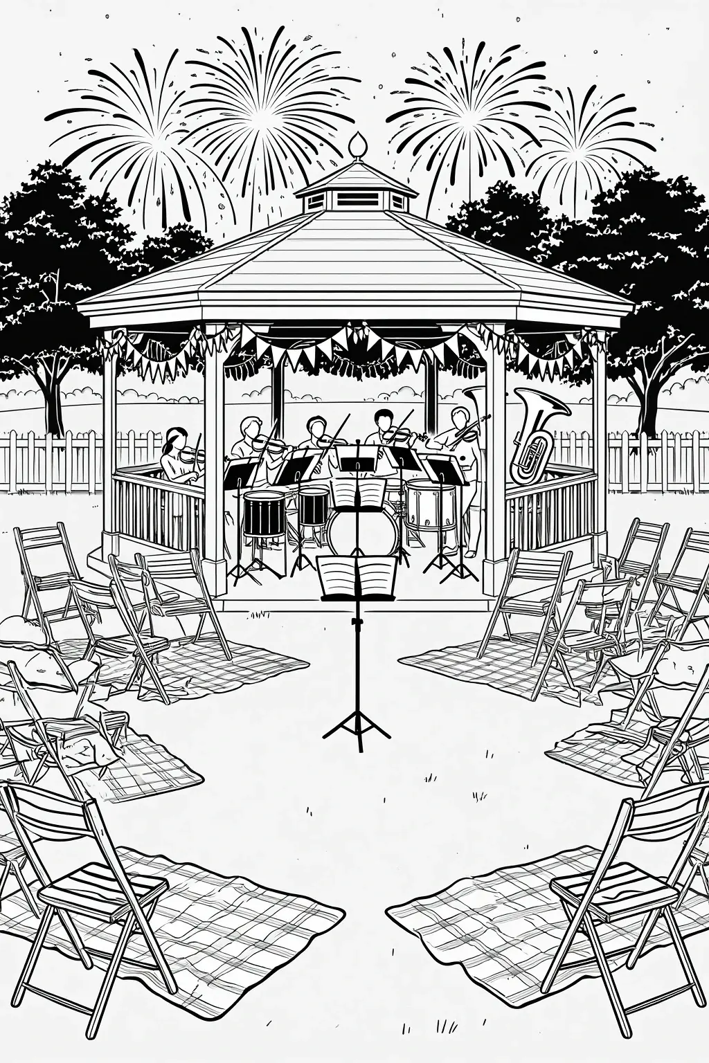 Black and white coloring page of a concert band performing in a gazebo with fireworks in the sky and empty chairs arranged around the scene.