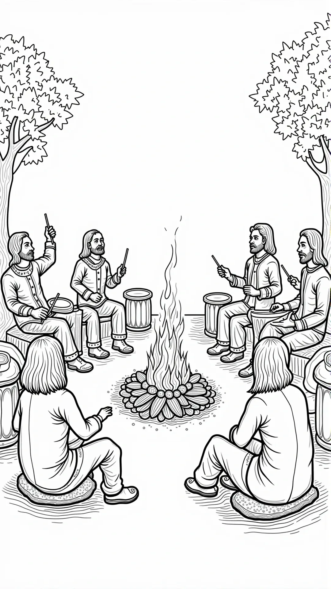 Black and white coloring page of several people sitting in a circle and drumming around a campfire outdoors between trees.