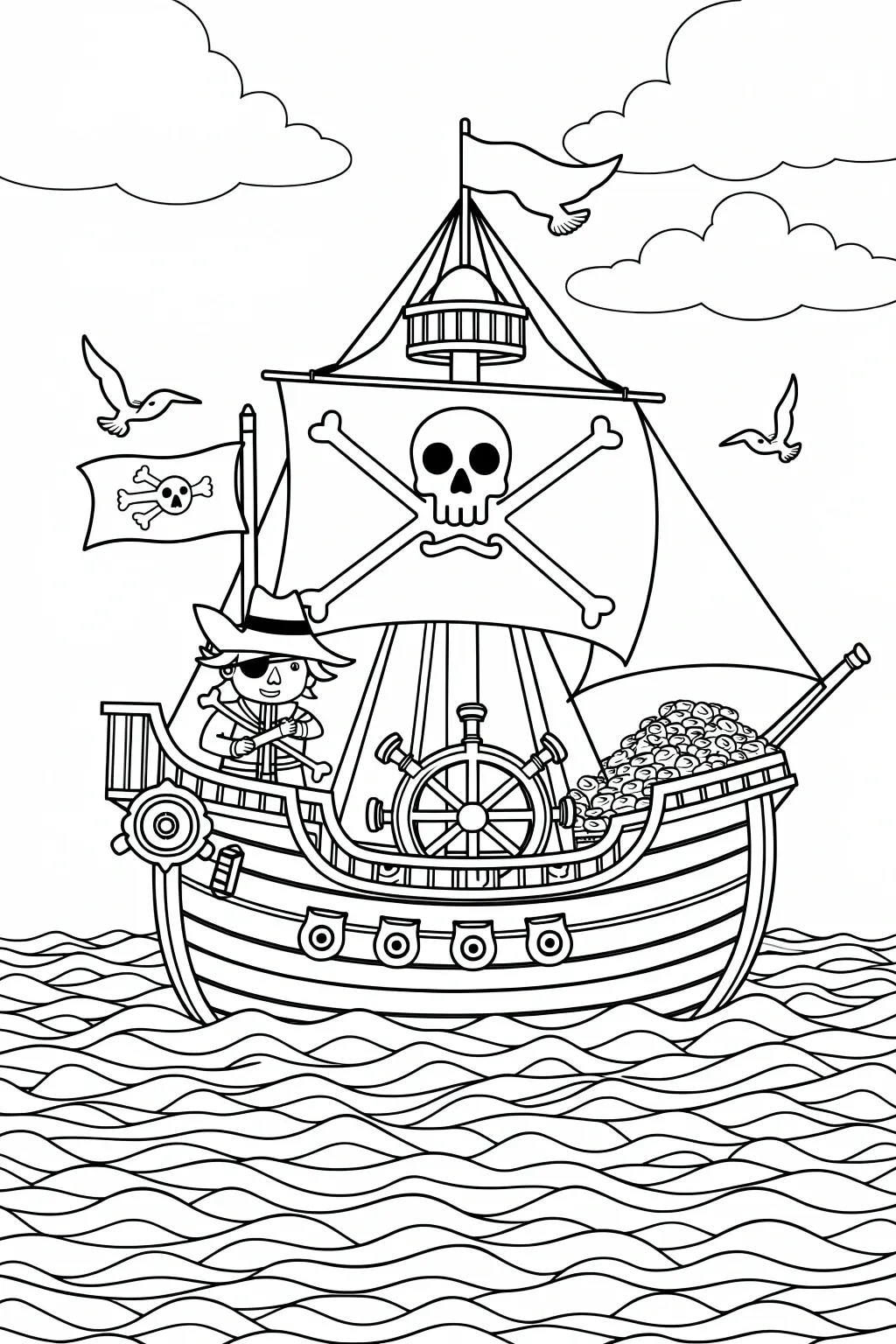 Black and white coloring page of pirate ship sailing on wavy ocean water with a skull-and-crossbones sail, pirate flag, birds, and clouds