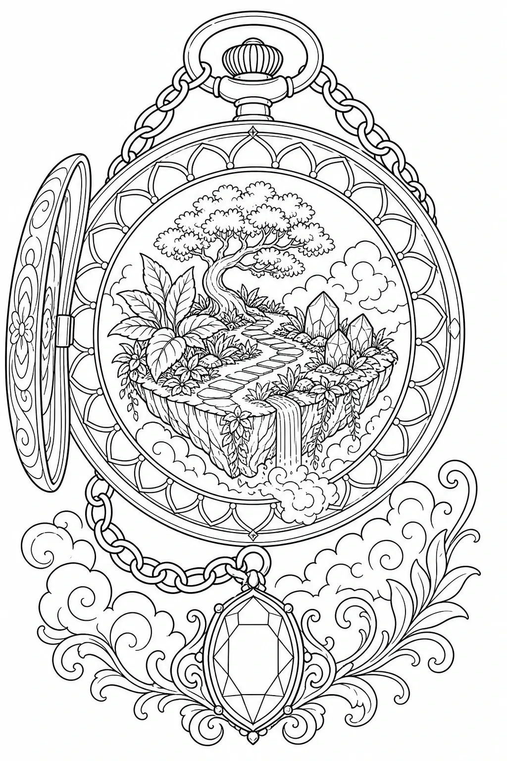 A coloring page showing an ornate pocket watch with a floating garden, a tree, crystals, clouds, and a dangling gem.