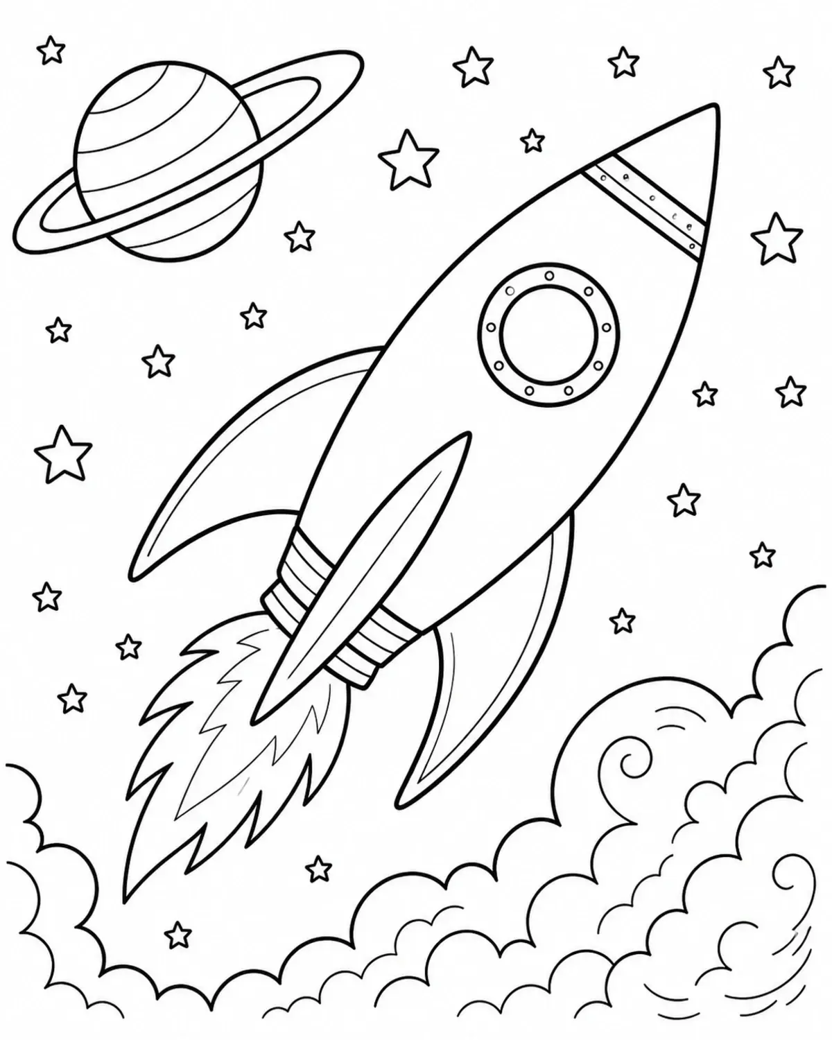 A rocket ship coloring page with stars, a ringed planet, and fluffy clouds in black-and-white.