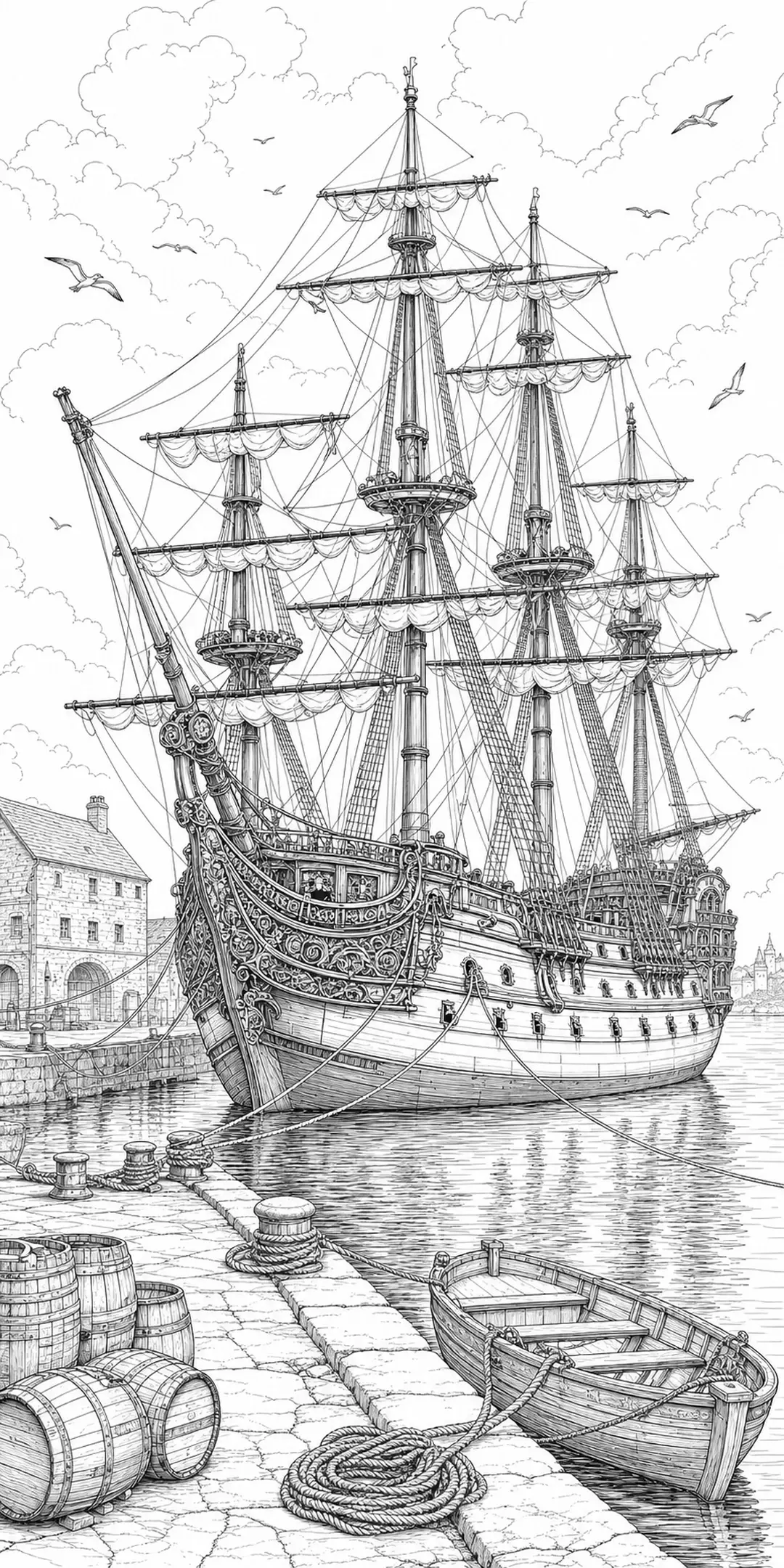 A detailed sailing ship coloring page showing a tall masted ship docked beside barrels, a rowboat, and seagulls.