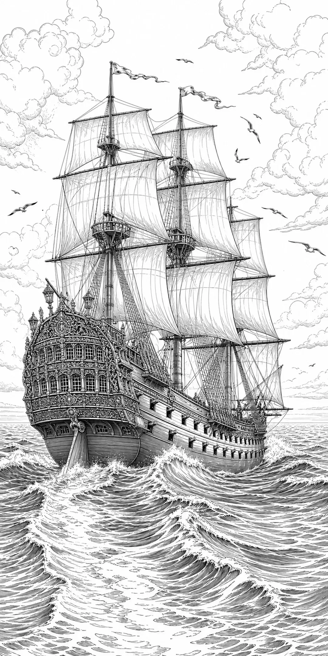 A detailed black-and-white coloring page of a tall sailing ship cutting through ocean waves under cloudy skies.
