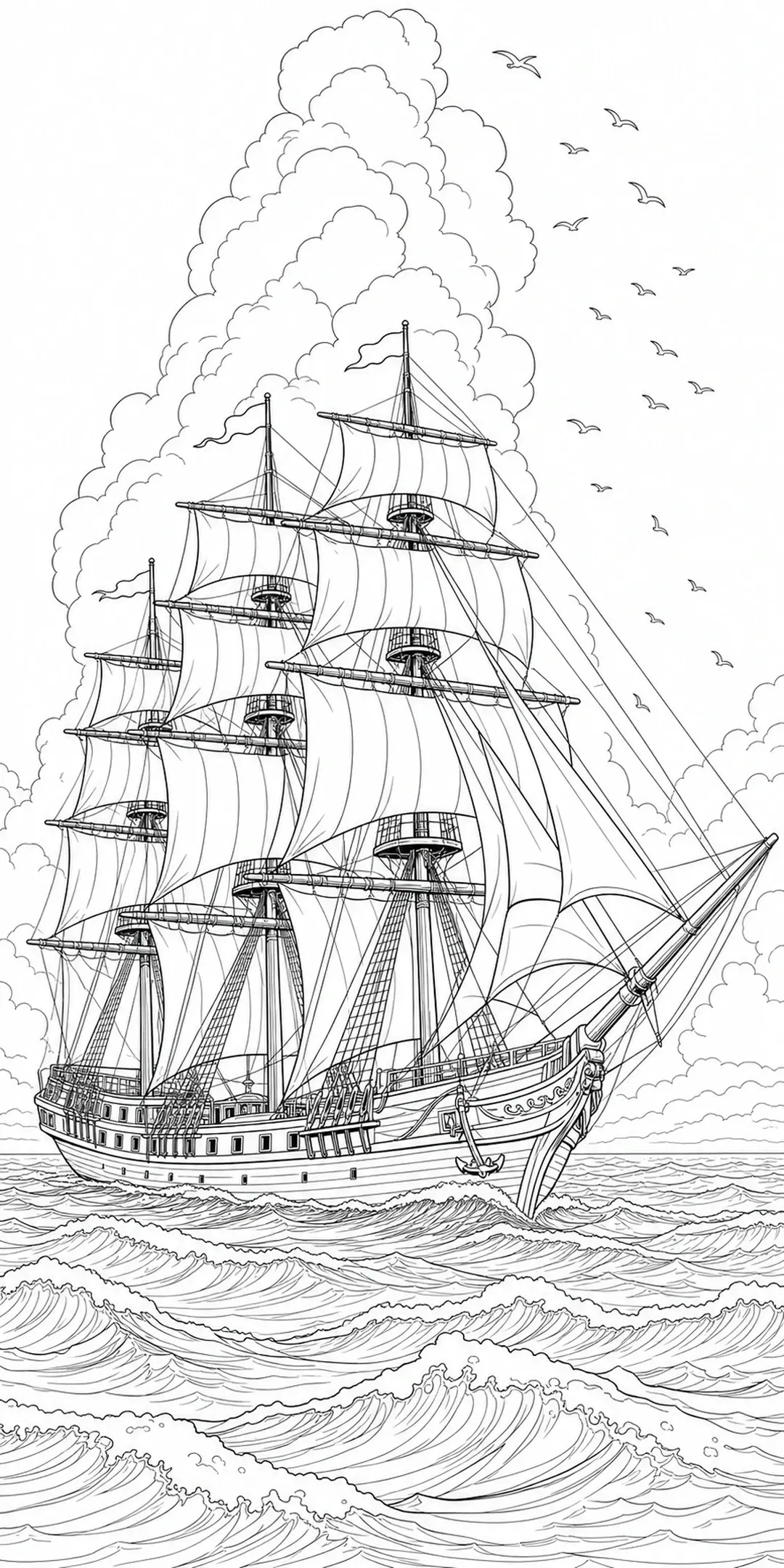 A black-and-white coloring page of a tall sailing ship on rough ocean waves with clouds and seabirds overhead.