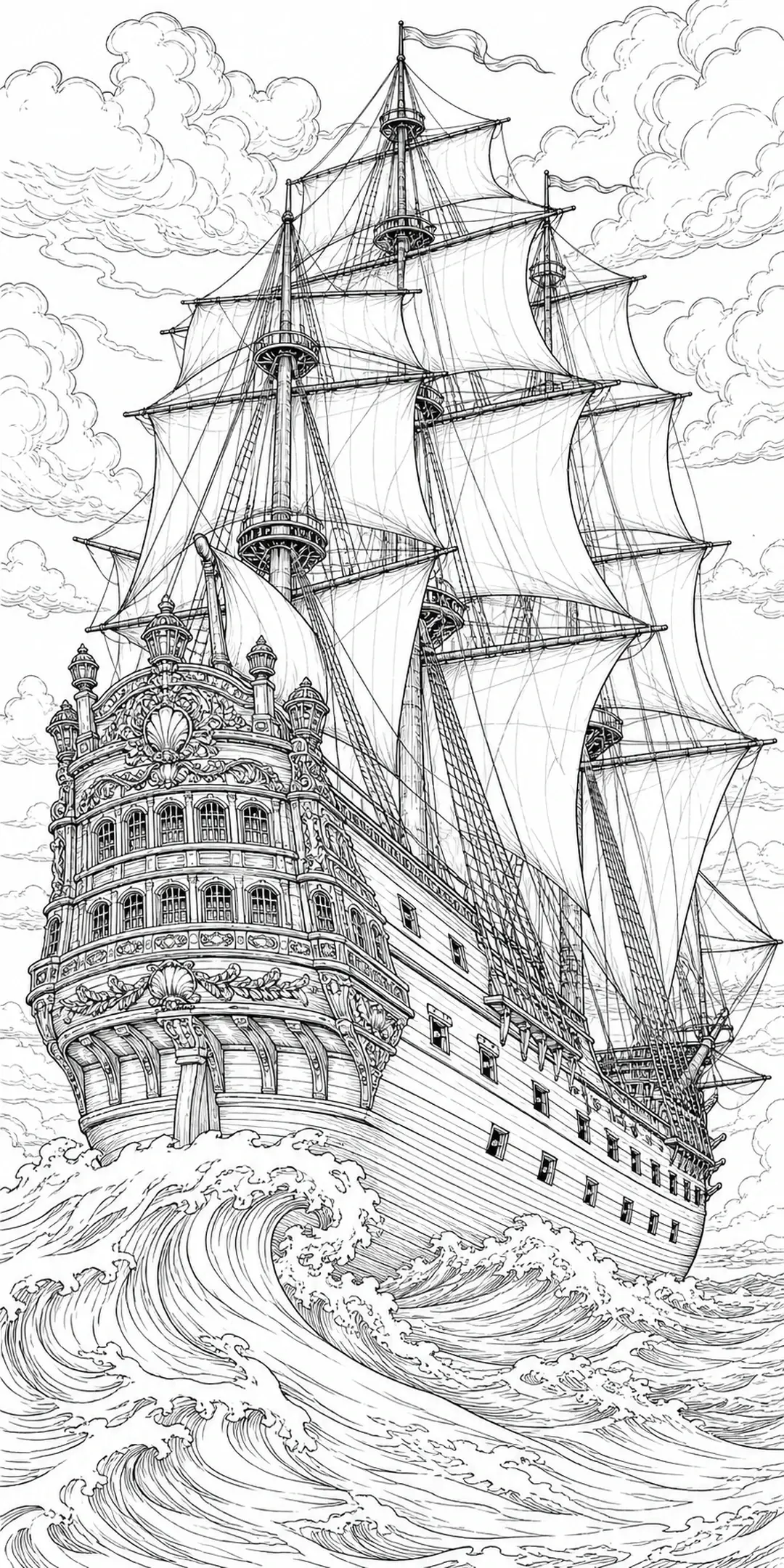 A detailed sailing ship coloring page shows a tall ship with billowing sails riding rough ocean waves under cloudy skies.