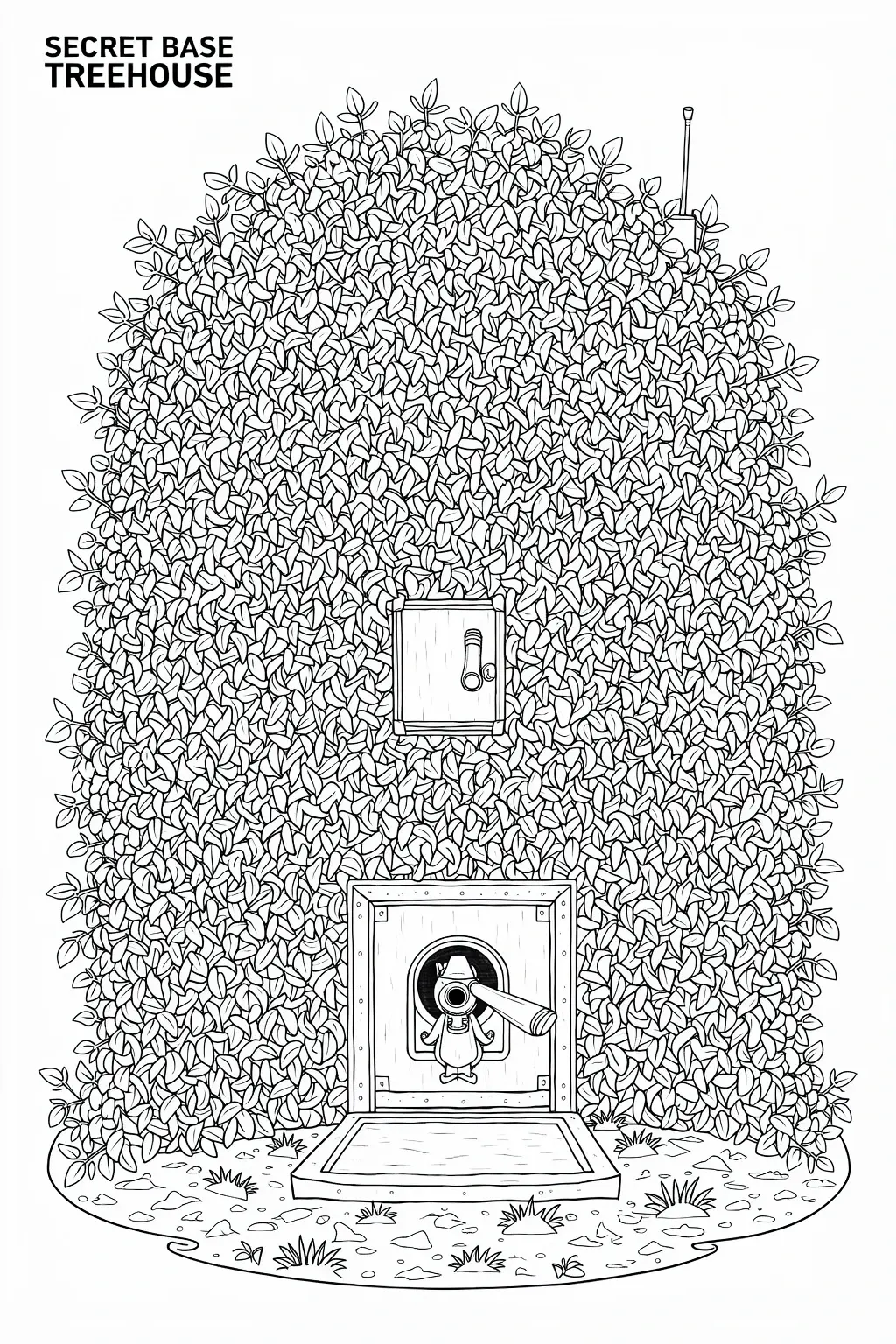 A dense leafy treehouse with a hidden door and a small secret entrance platform, drawn as a detailed black and white coloring page.