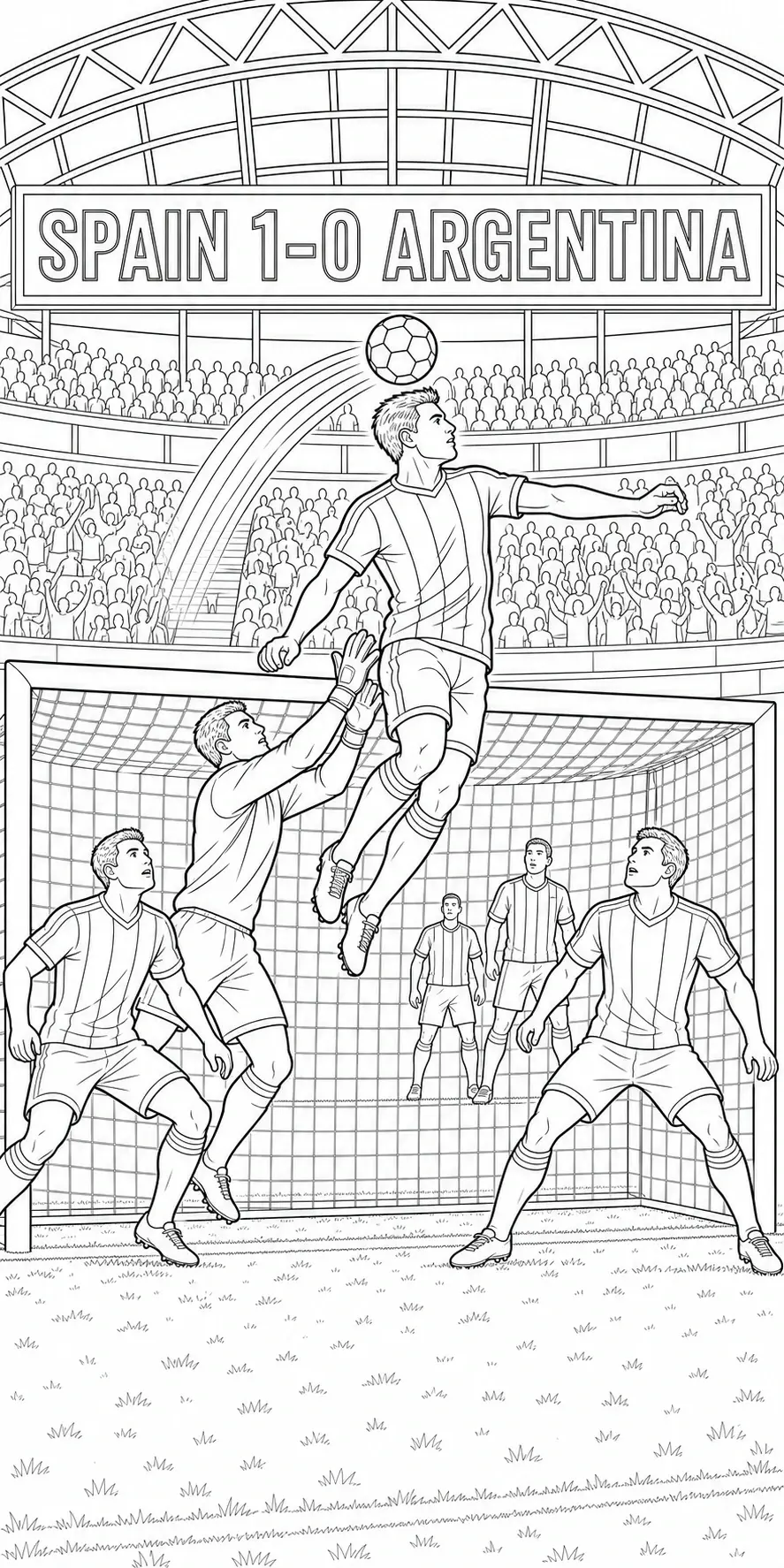 A black-and-white coloring page shows a soccer player heading the ball in front of the goal with defenders and a packed stadium behind him.
