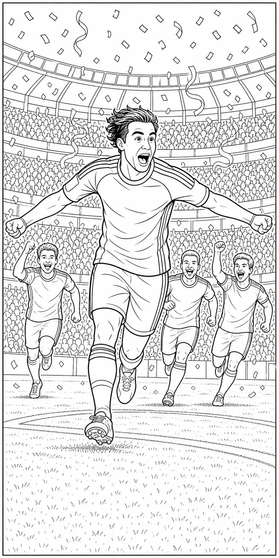 A black-and-white coloring page shows soccer players celebrating in a packed stadium with confetti falling around them.