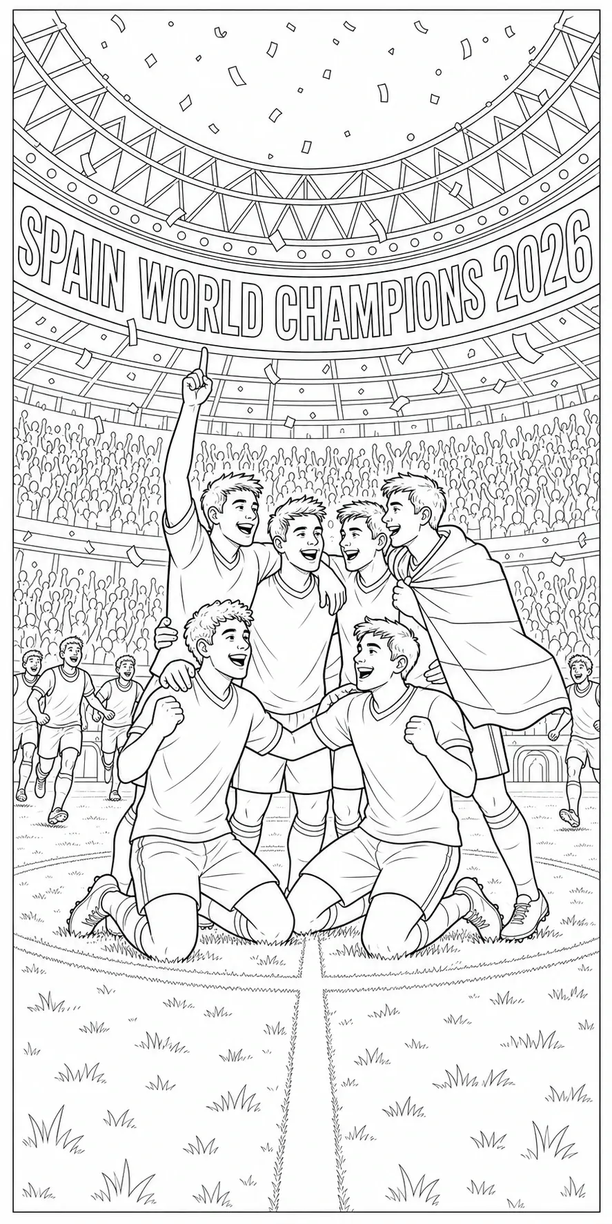 A soccer team celebrates a championship in a stadium with confetti falling in this coloring page.