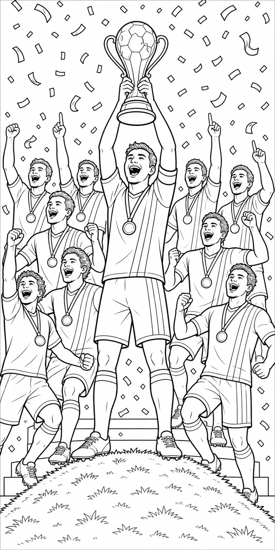 A soccer team celebrating with a trophy and confetti in a coloring page.