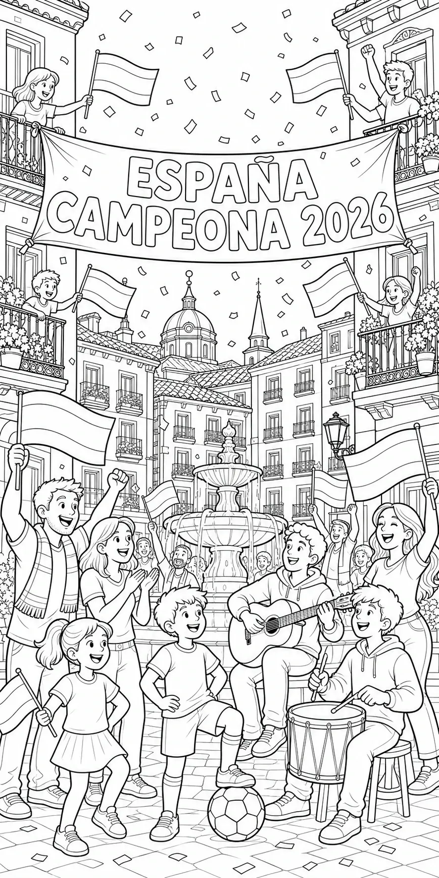 A black-and-white coloring page shows a festive crowd in a city square waving flags around a banner that says España Campeona 2026.