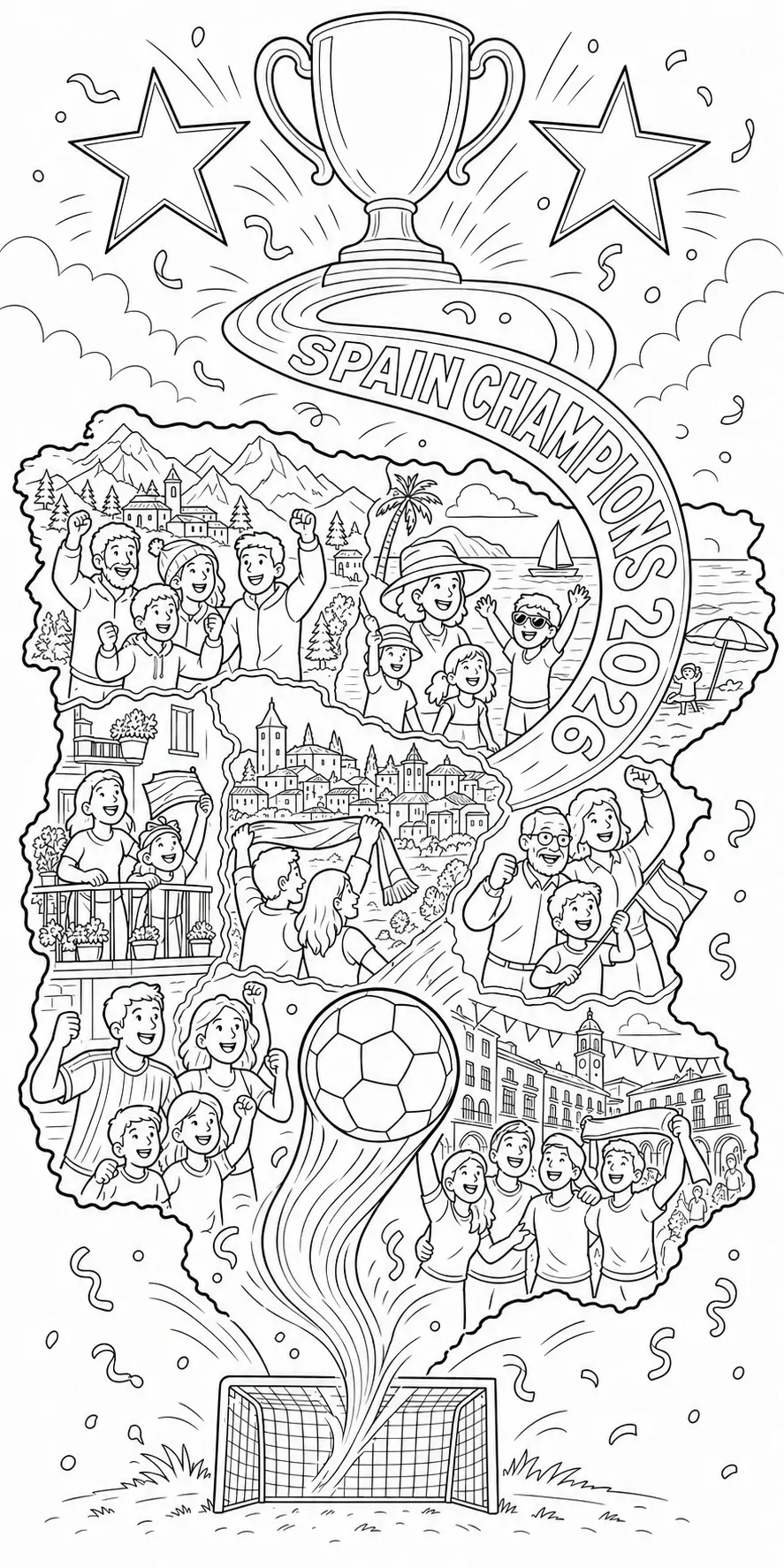 A Spain champions coloring page shows a trophy, stars, confetti, a soccer ball, and scenes inside the map of Spain.