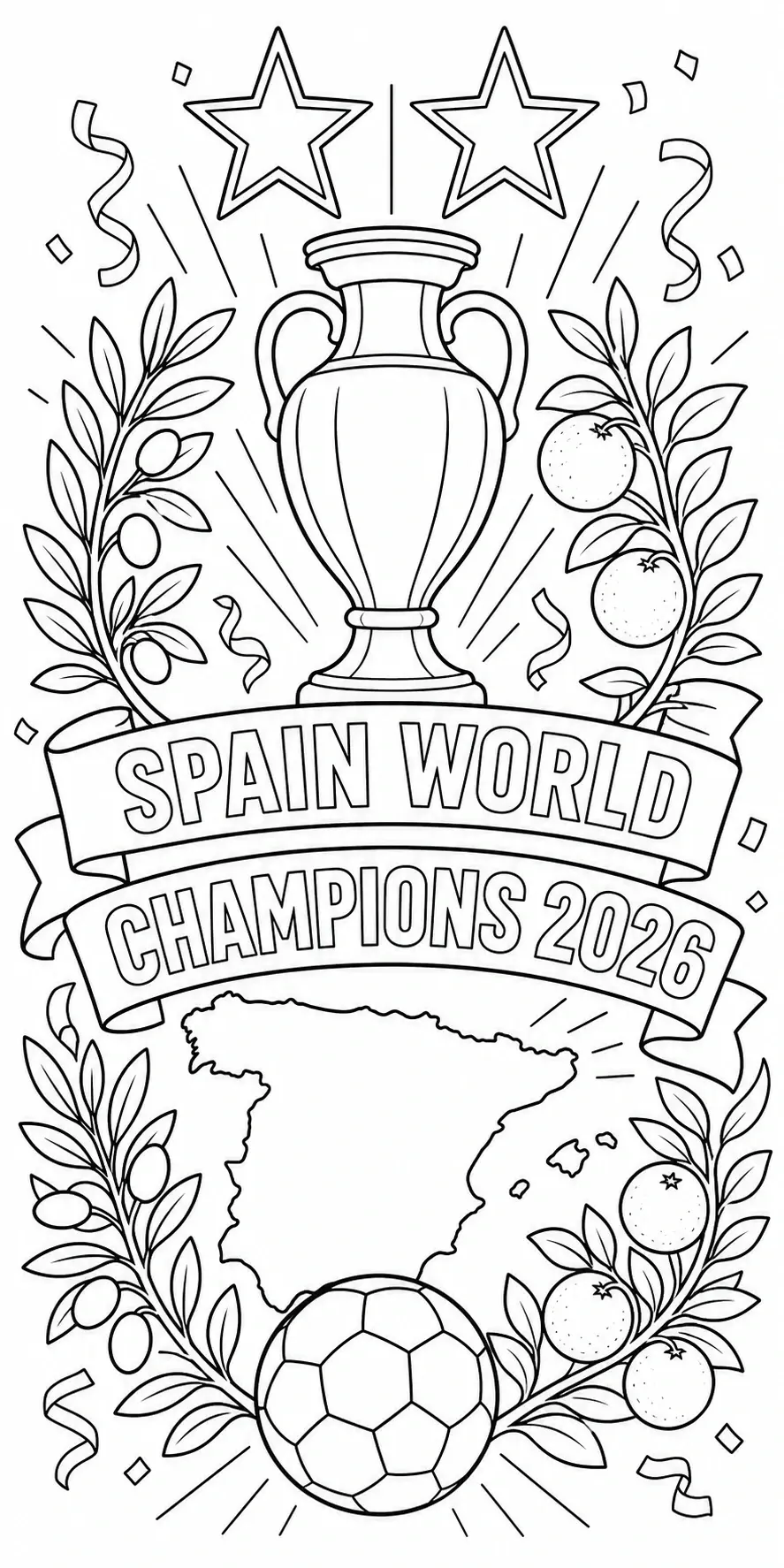 A coloring page showing a trophy, two stars, laurel branches, a soccer ball, and the words Spain World Champions 2026.