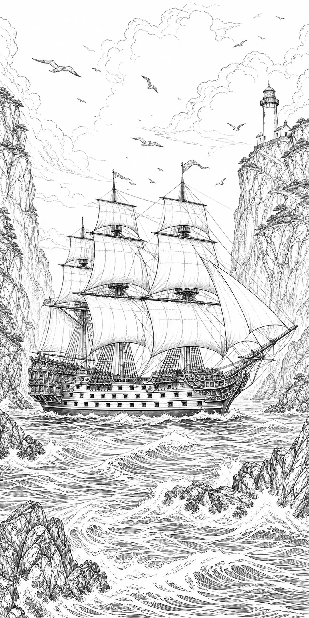 A detailed black-and-white coloring page shows a tall sailing ship on rough water between rocky cliffs with a lighthouse and seagulls overhead.