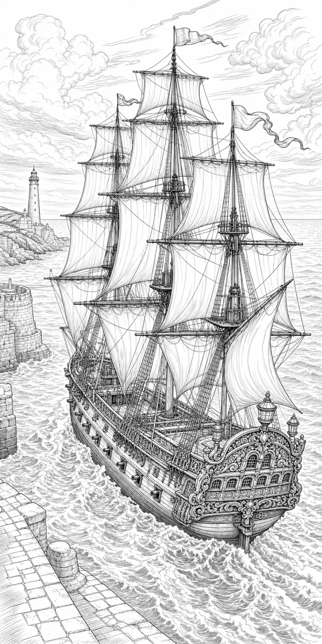 A detailed sailing ship coloring page shows a tall ship in a harbor with a lighthouse, waves, and cloudy sky.