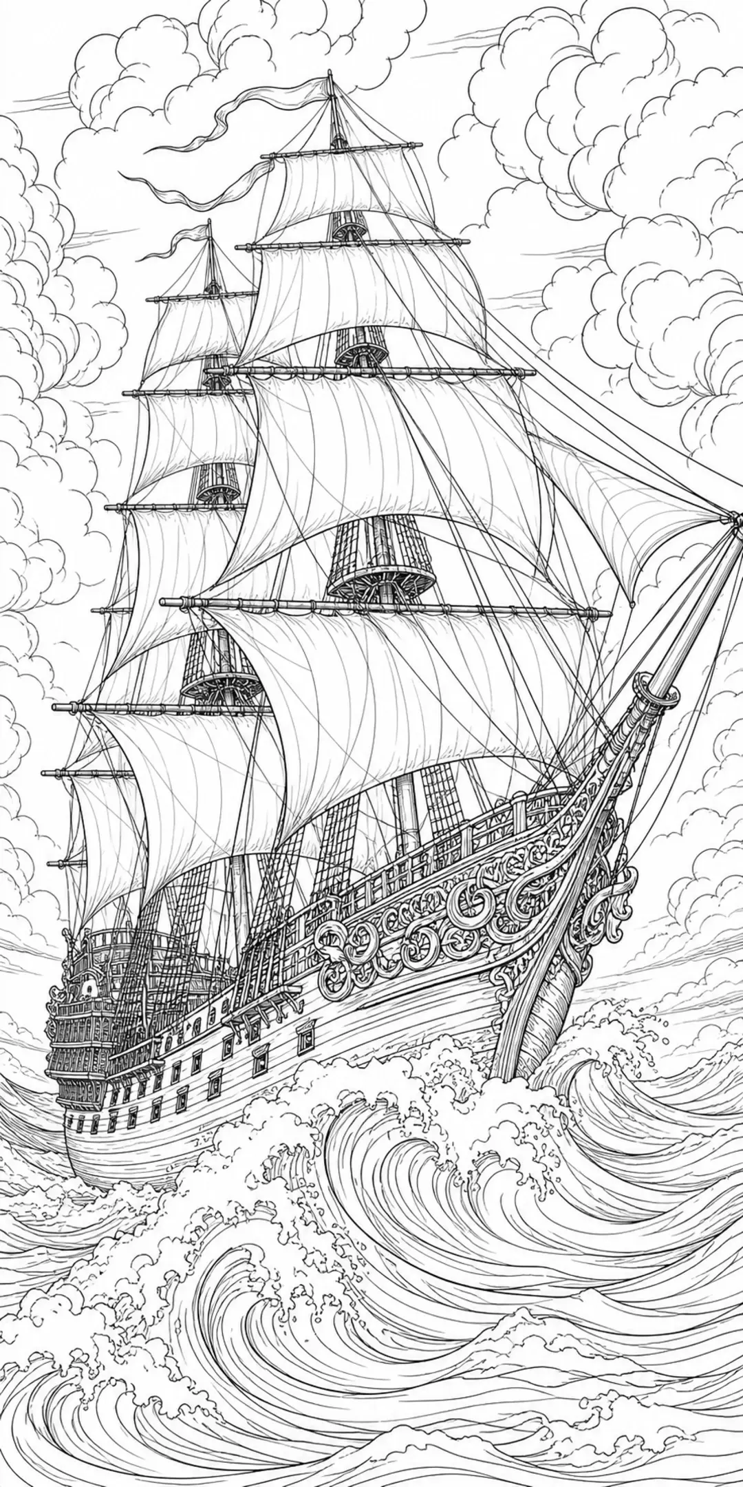 A detailed coloring page of a tall sailing ship with full sails on rough waves under cloudy skies.