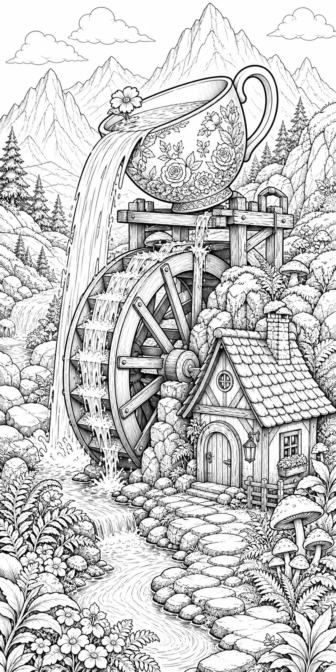 A black-and-white coloring page shows a teacup water pouring into a detailed watermill landscape with mountains, a cottage, and flowers.