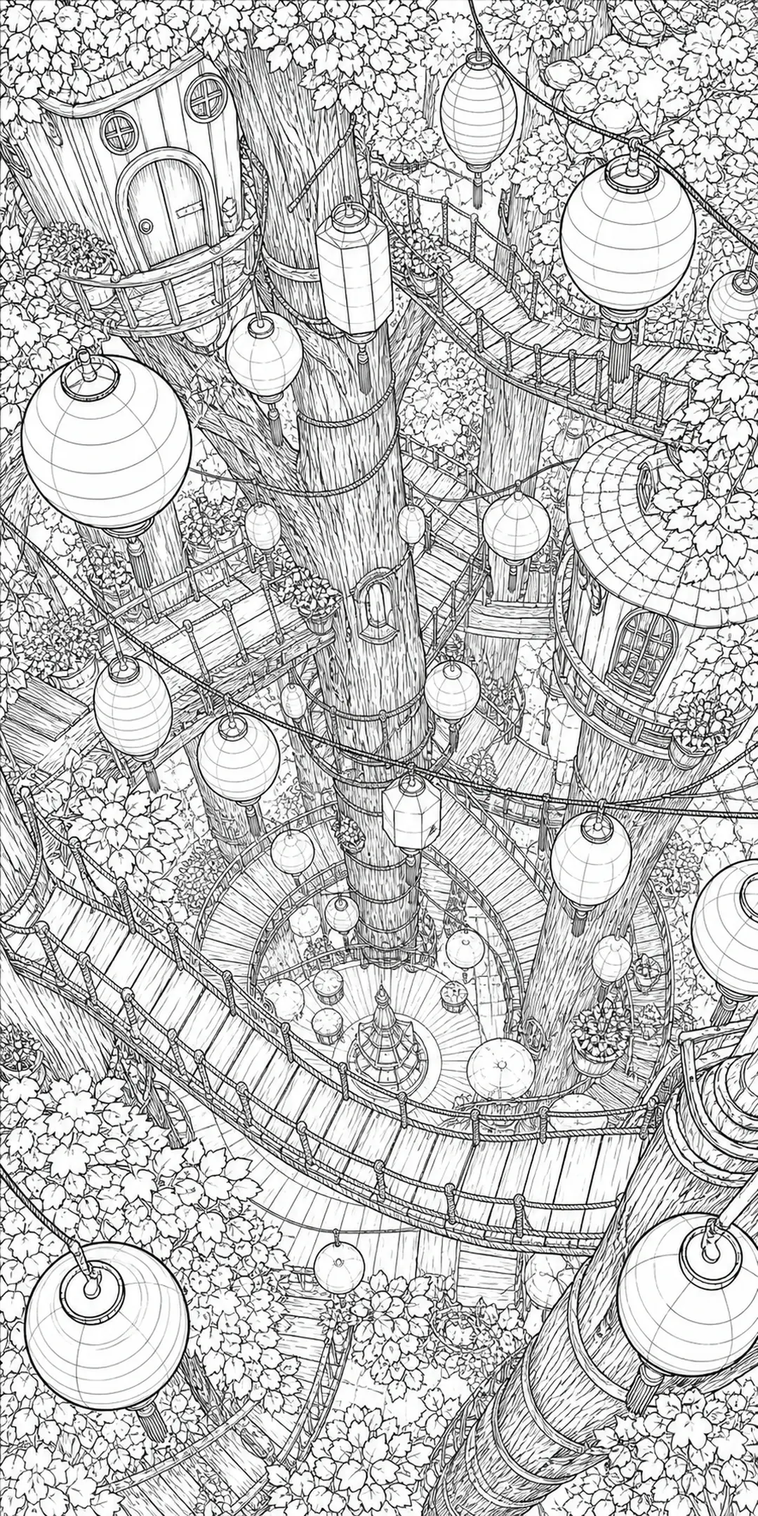 A detailed treehouse village coloring page with rope bridges, hanging lanterns, and leafy trees.