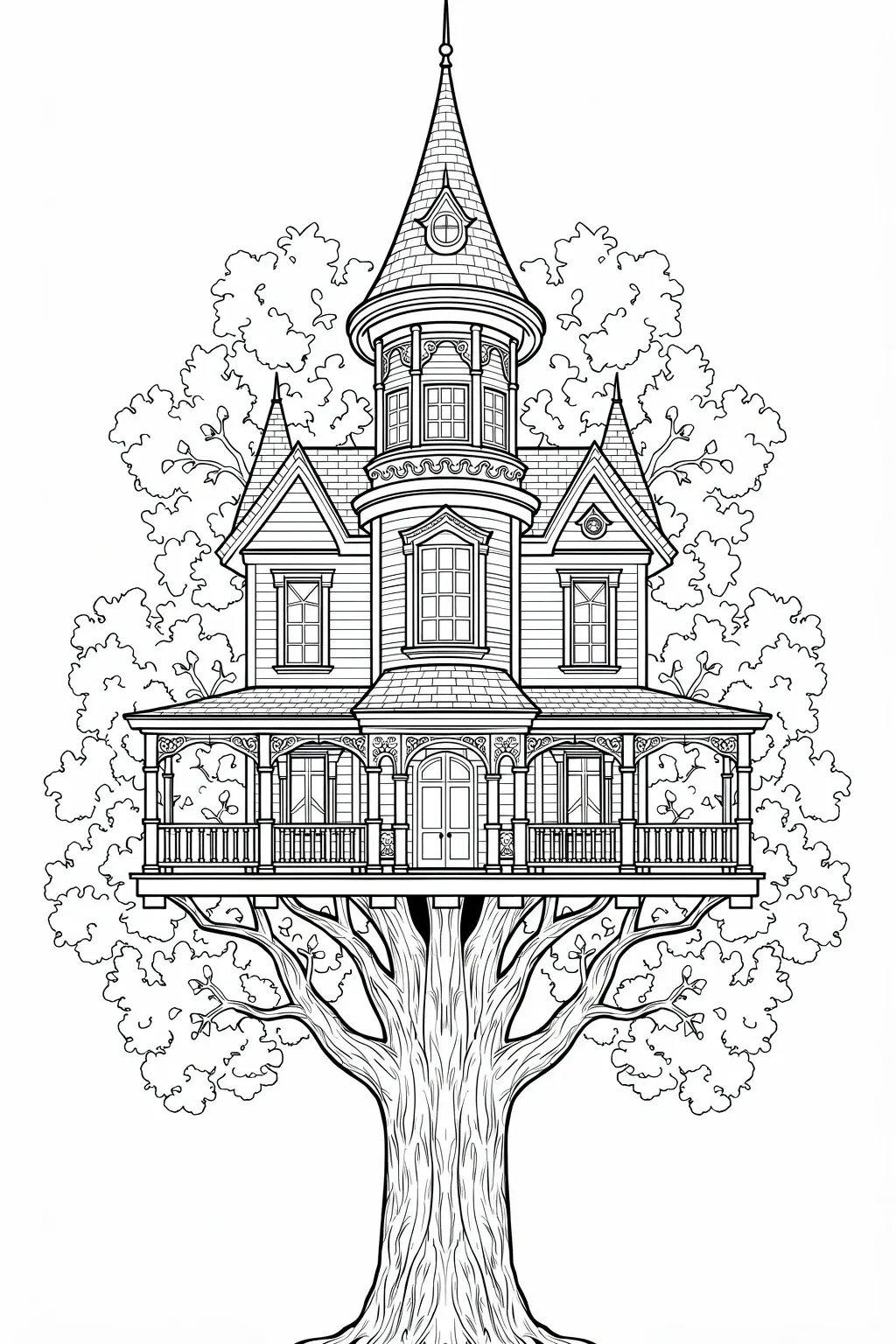 Black and white coloring page of intricate Victorian-style treehouse mansion built around a large tree, with a tall turret, wraparound porch, and ornate architectural details