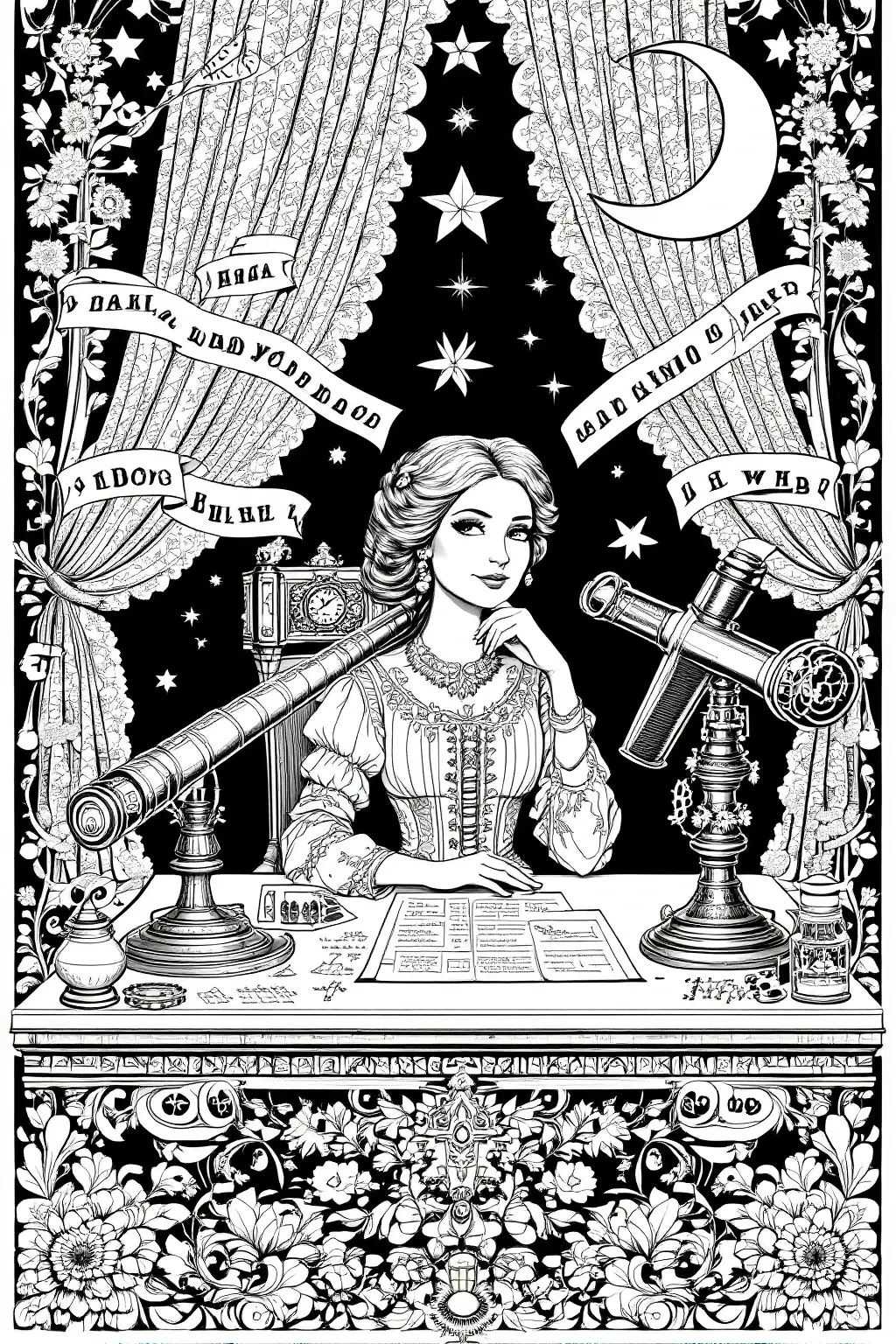Intricate coloring page of a woman seated at a decorated desk with telescopes, stars, a crescent moon, and floral curtains in a vintage-style night scene.