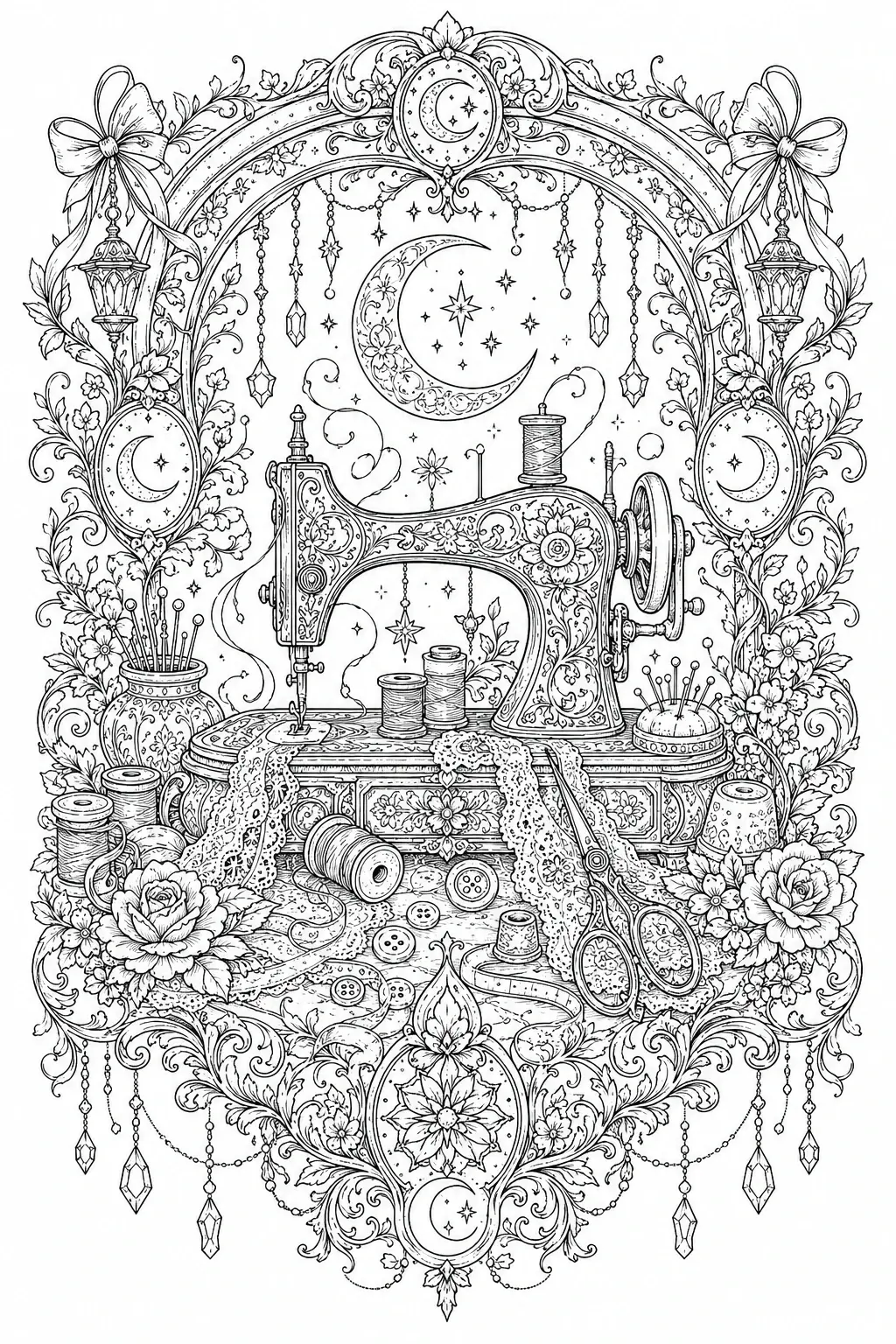 Intricate coloring page of a vintage sewing machine surrounded by flowers, thread, scissors, lace, buttons, and moon-and-star decorations.