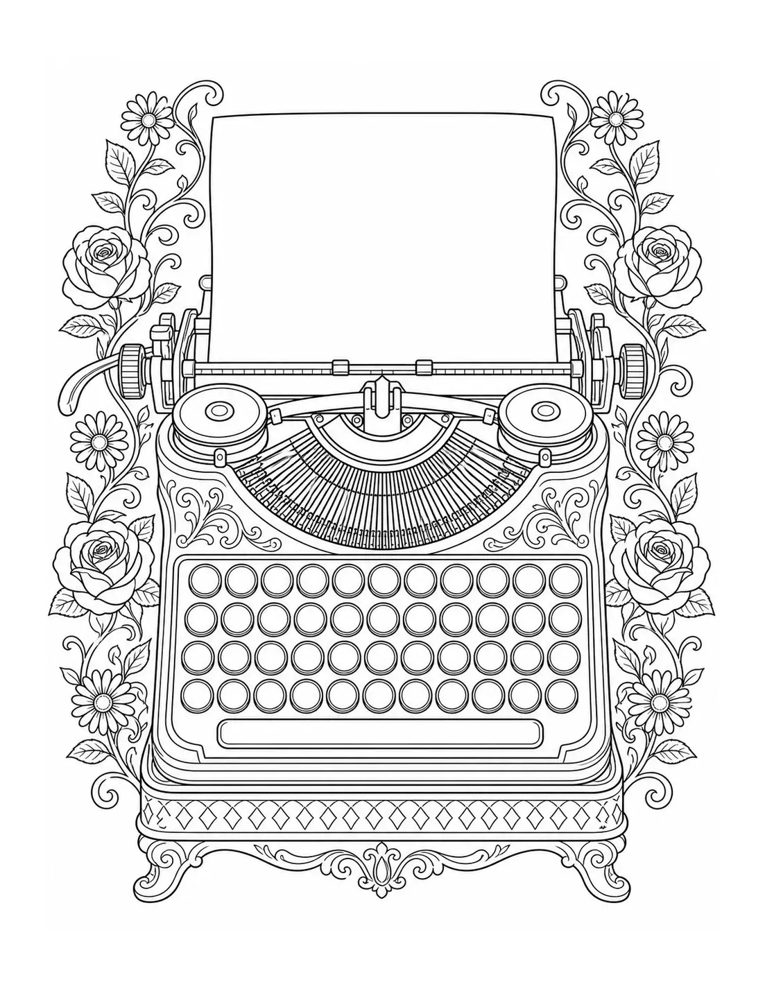 A vintage typewriter coloring page with an ornate floral frame of roses and daisies.
