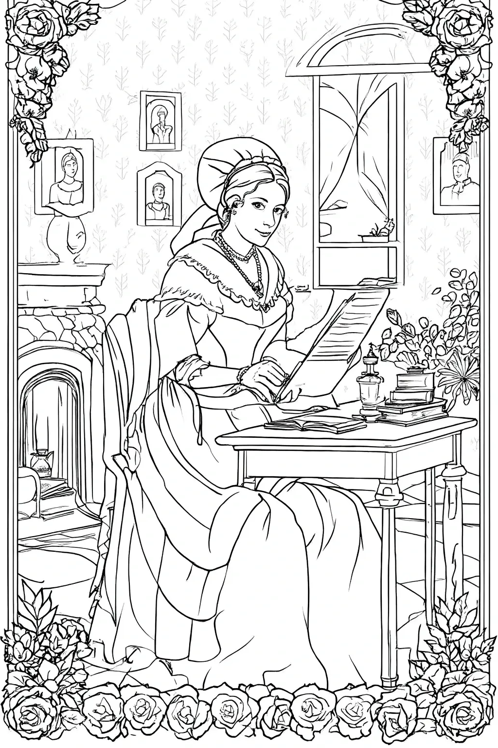 Black and white coloring page of vintage woman seated at a desk in an ornate room, holding papers and writing or reading, surrounded by framed portraits, flowers, and a fireplace