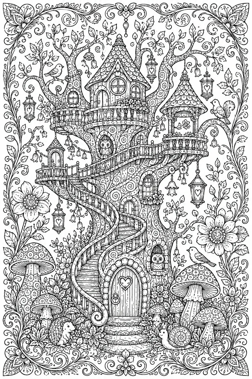 A detailed coloring page of a whimsical treehouse with a winding staircase, flowers, lanterns, mushrooms, and small forest animals.