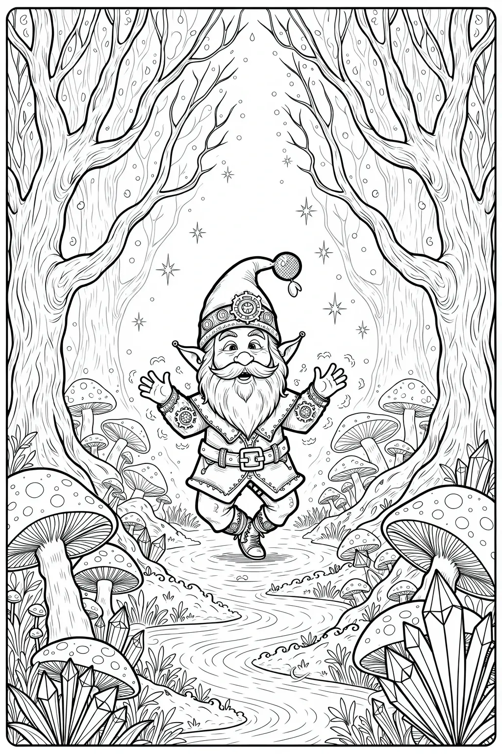 Black and white coloring page of smiling garden gnome standing in a whimsical forest with mushrooms, crystals, trees, and stars