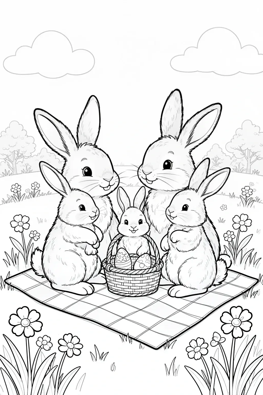 Free printable bunny family picnic coloring page with spring grass, blankets, and a sweet outdoor family scene for Easter-season coloring.