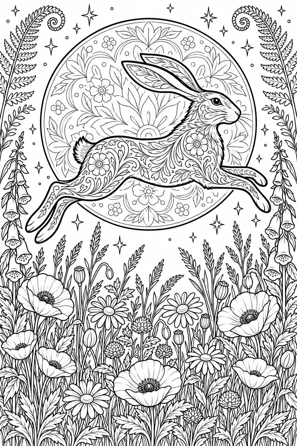 A leaping rabbit with floral patterns appears above a meadow of poppies and daisies beneath a circular flower design and stars in this coloring page.