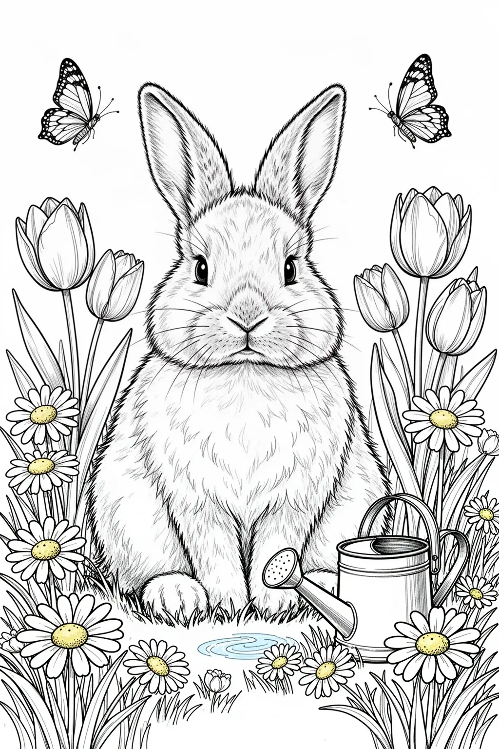 Bunny in a spring garden with tulips and daisies coloring page.