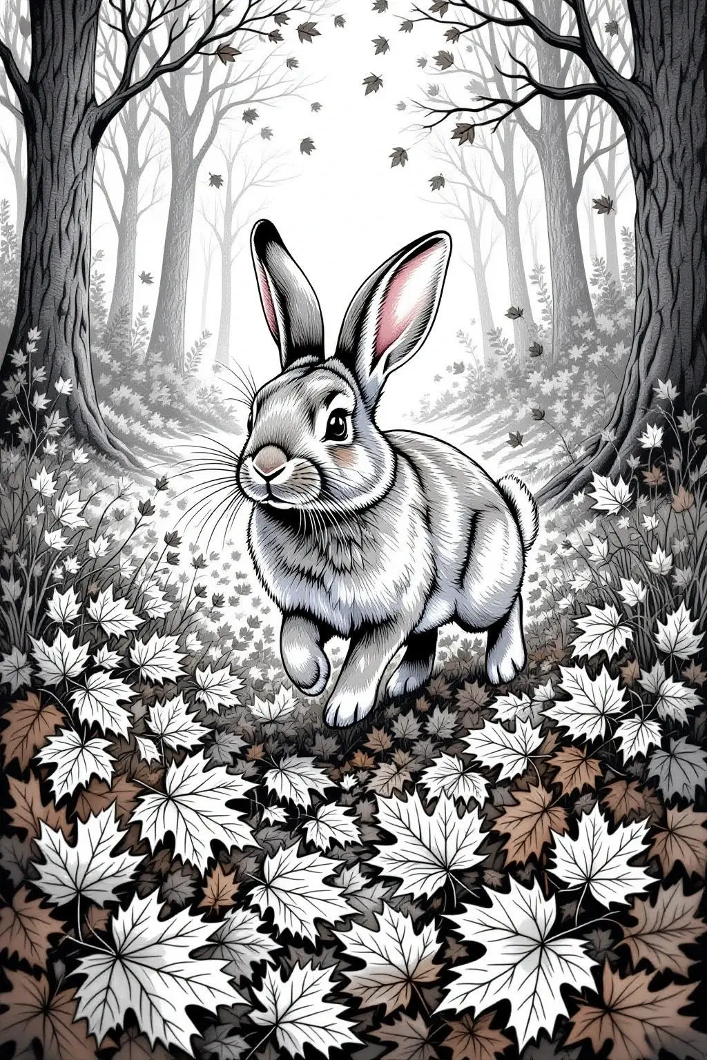 Black-and-white autumn rabbit line art in a forest among falling leaves detailed coloring page, kids' coloring page, printable coloring page, coloring sheets for fall and animal themes.