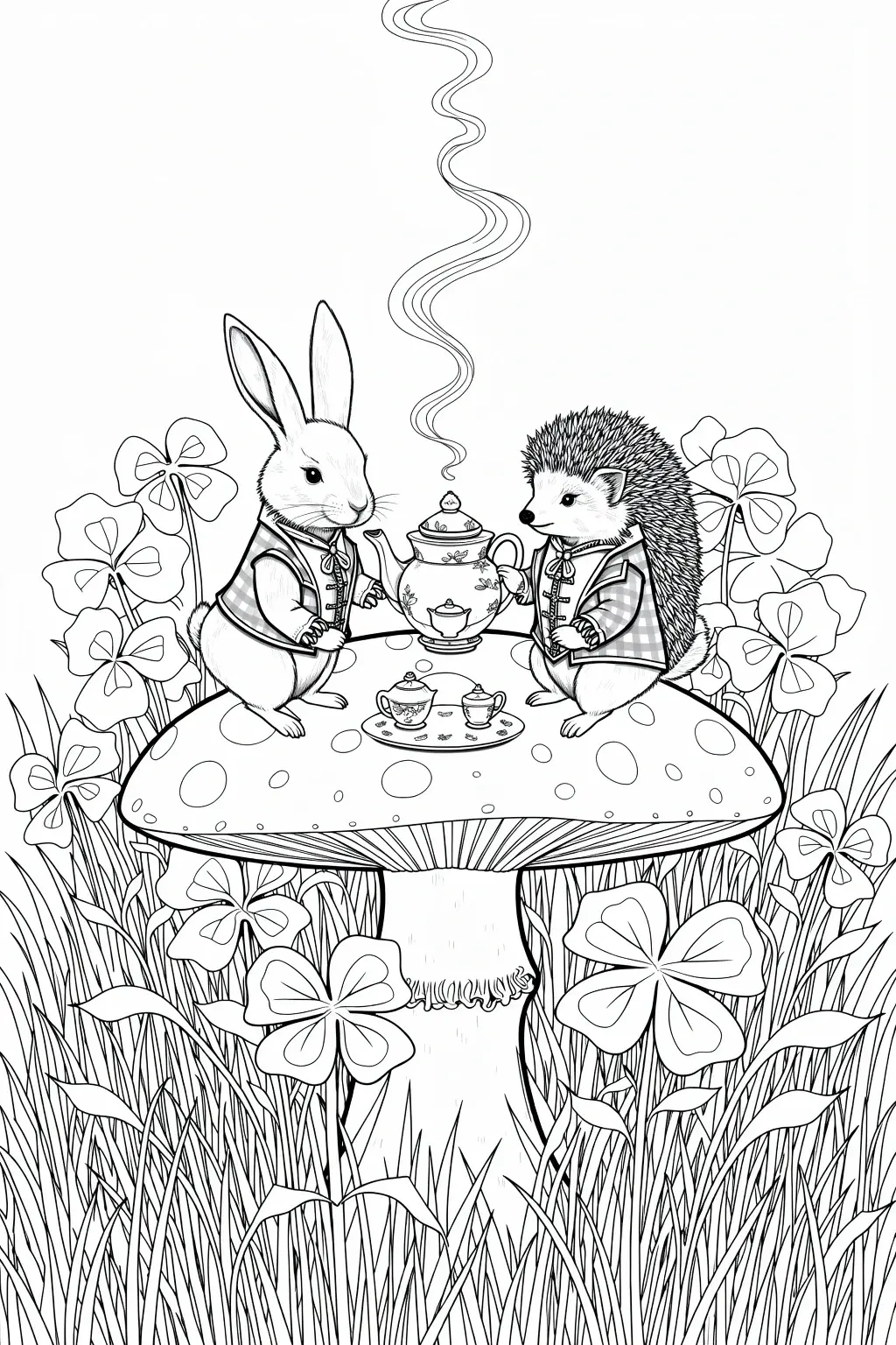 Black-and-white detailed coloring page showing an animal tea party: a rabbit and a hedgehog sitting on a mushroom with teapot and cups surrounded by clover and grass. Ideal kids' coloring page