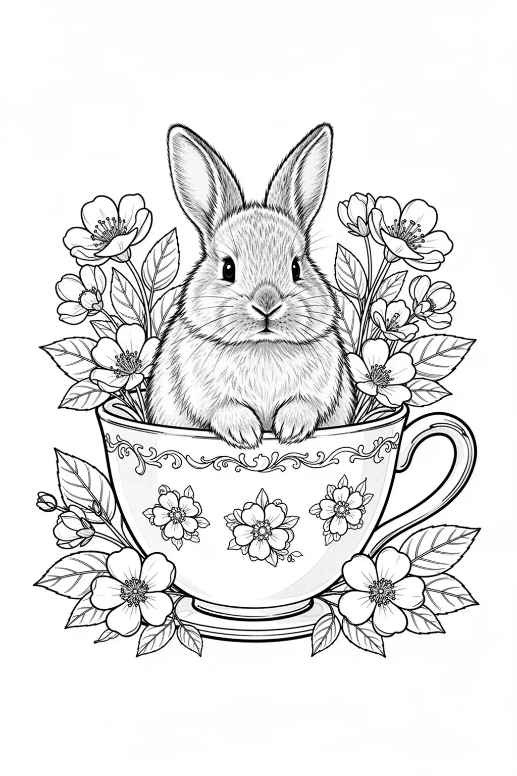 Black-and-white coloring page of bunny teacup garden coloring page.