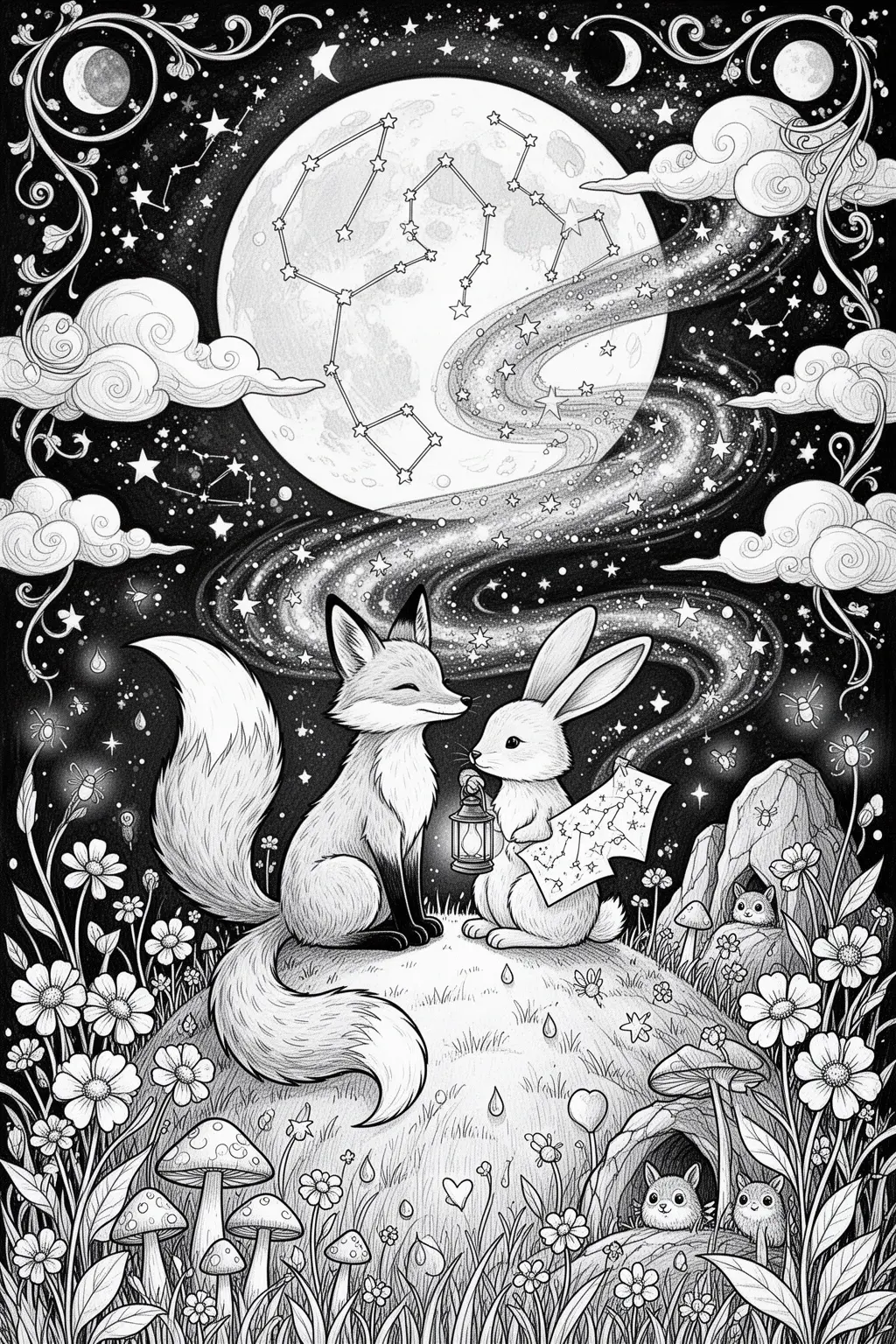 Moonlit Fox & Rabbit coloring page.