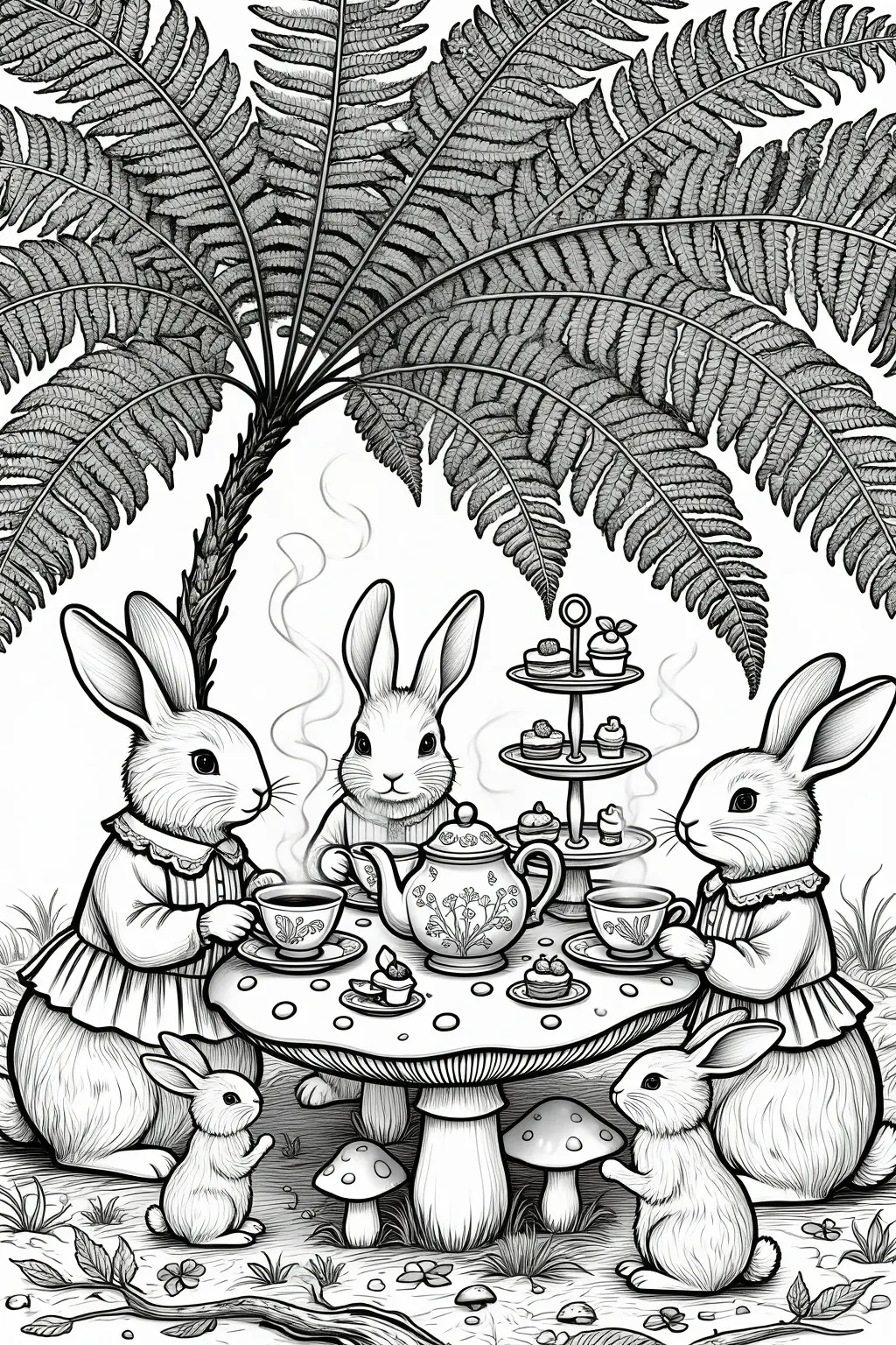 Black-and-white detailed coloring page of rabbits having a tea party under a large fern, with teacups, treats, mushrooms, and a whimsical spring woodland setting. Perfect printable coloring page for