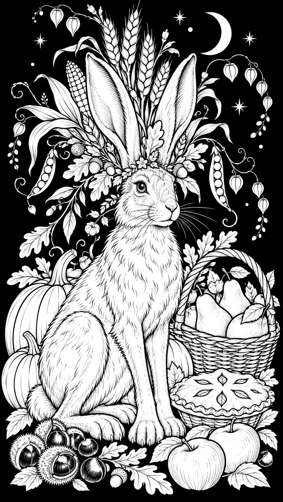 A detailed rabbit wearing a leafy crown sits among pumpkins, wheat, pears, pie, and stars in this coloring page.